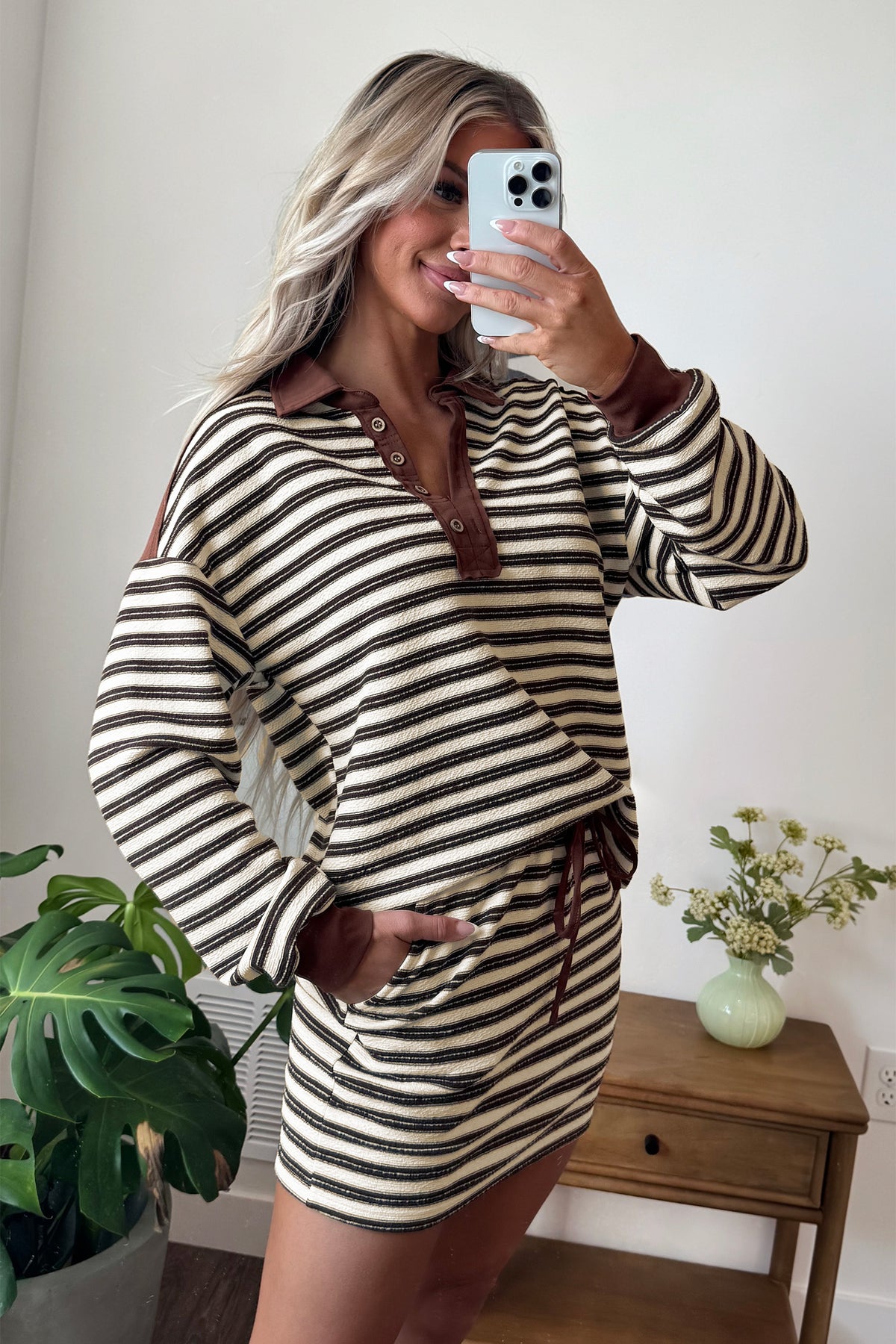 Brown Stripe Contrast Trim Button Neck Long Sleeve Top Drawstring Mini Skort Set