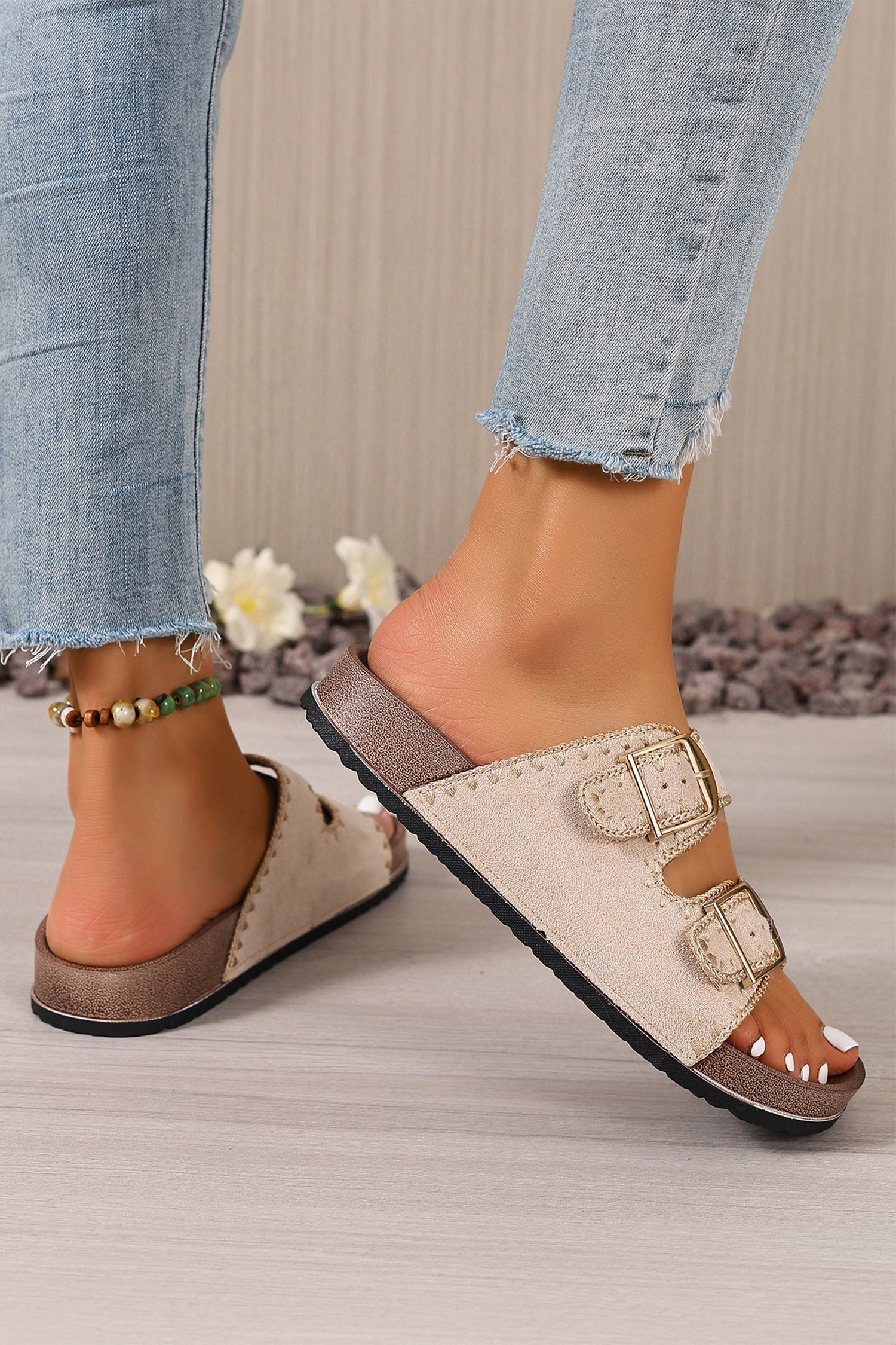 Dusk Blue Embroidered Trim Retro Buckle Faux Suede Slippers