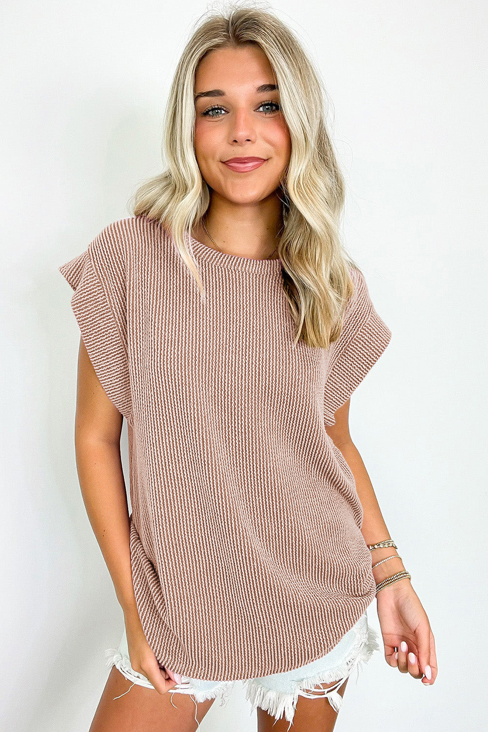 Dark Khaki Twisted Rib Wide Sleeve Crew Neck T Shirt