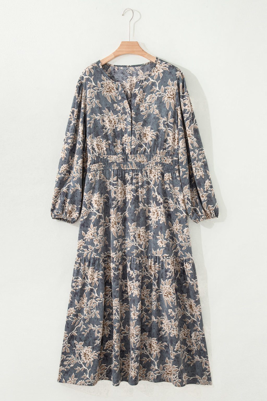 Sky Blue Plus Size Floral Print Split Neck Shirred High Waist Long Sleeve Maxi Dress