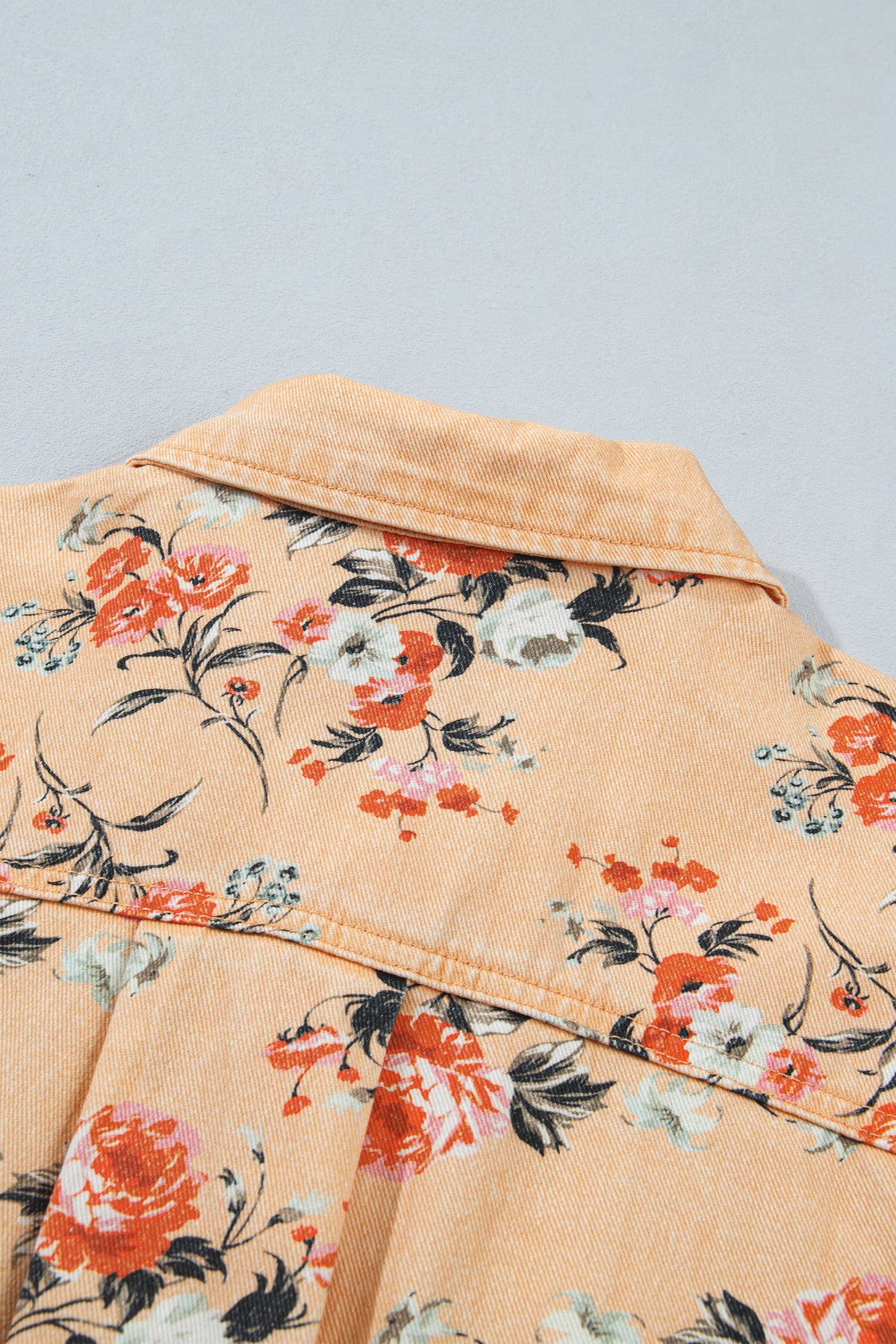 Khaki Floral Print Long Sleeve Shift 100% Cotton Denim Jacket