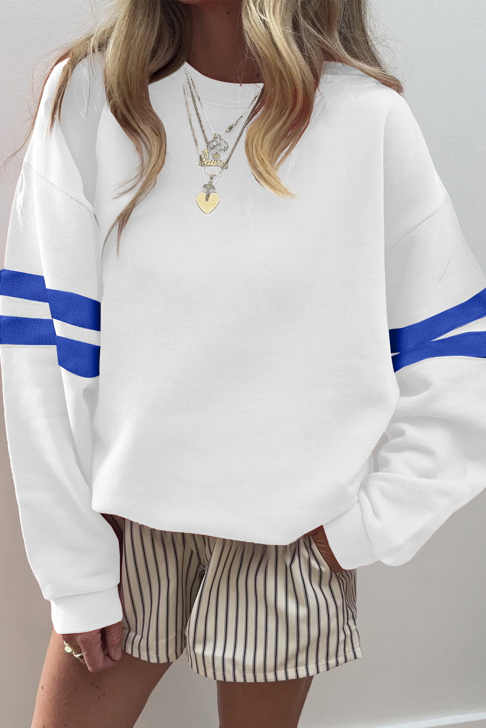 Light French Beige Varsity Striped Detail Drop Shoulder Oversized Sweatshirt