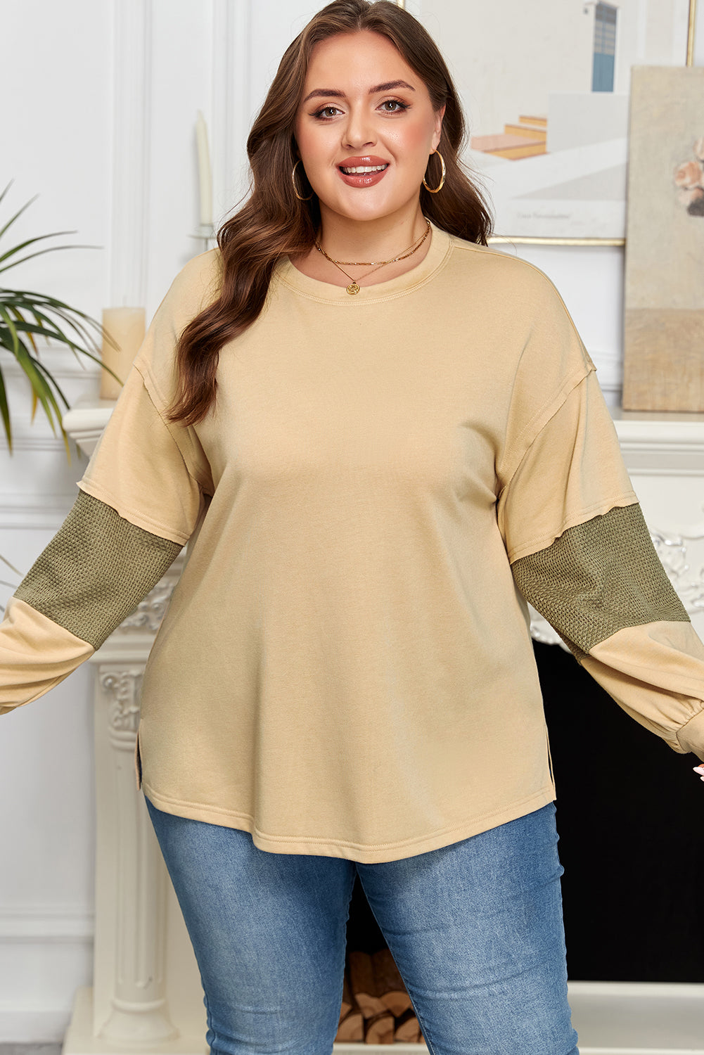 Laurel Green Exposed Seam Contrast Texture Patchwork Plus Size Drop Shoulder Pullover