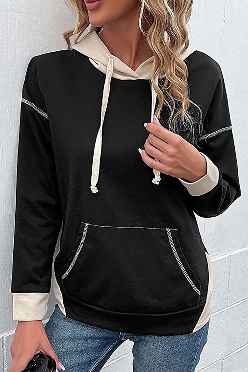 Black Contrast Seam Color Block Hooded Sweatshirt
