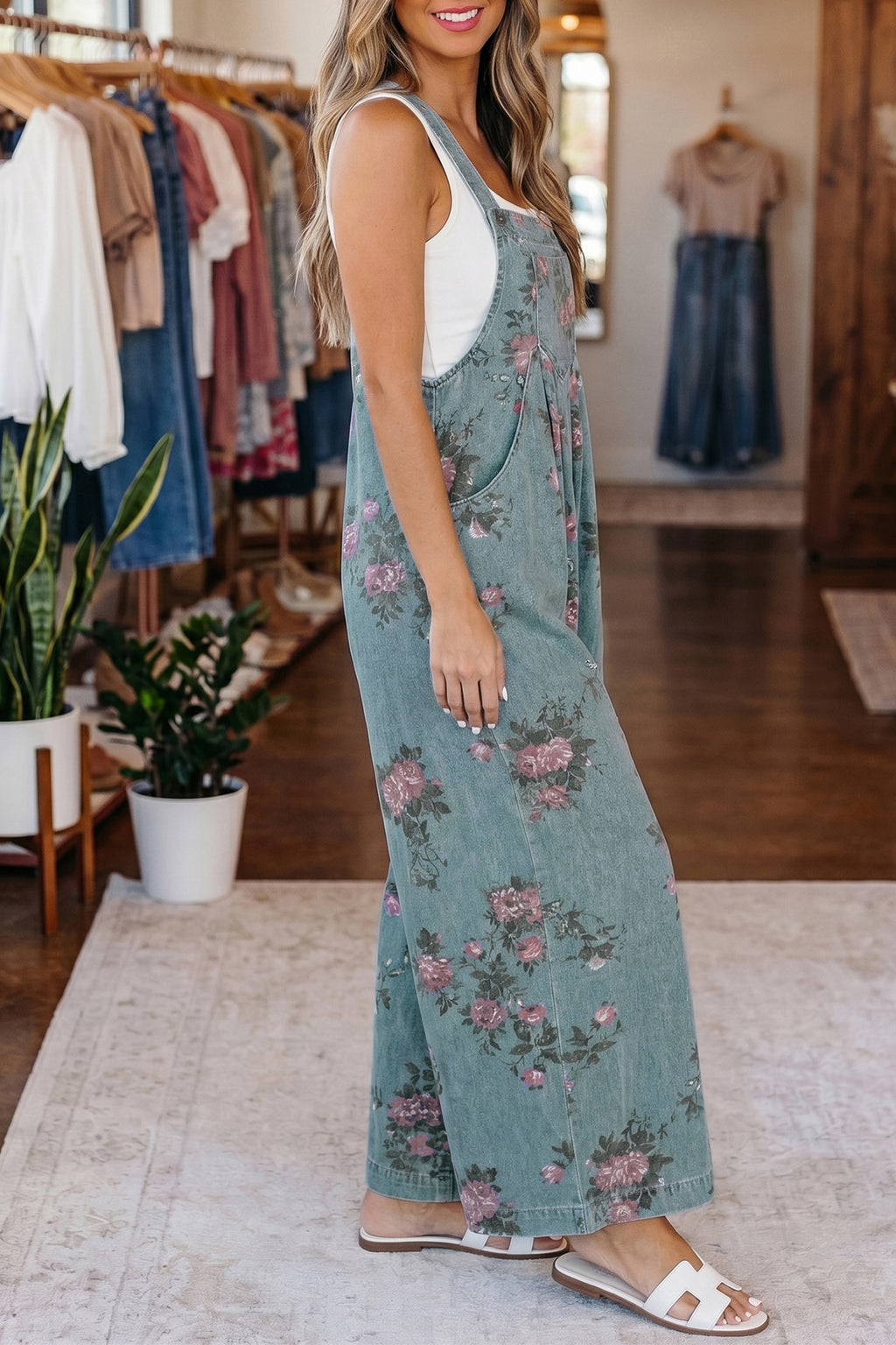 Gray Beau Floral Print Pleated High Waist Wide Leg Denim Jumpsuit