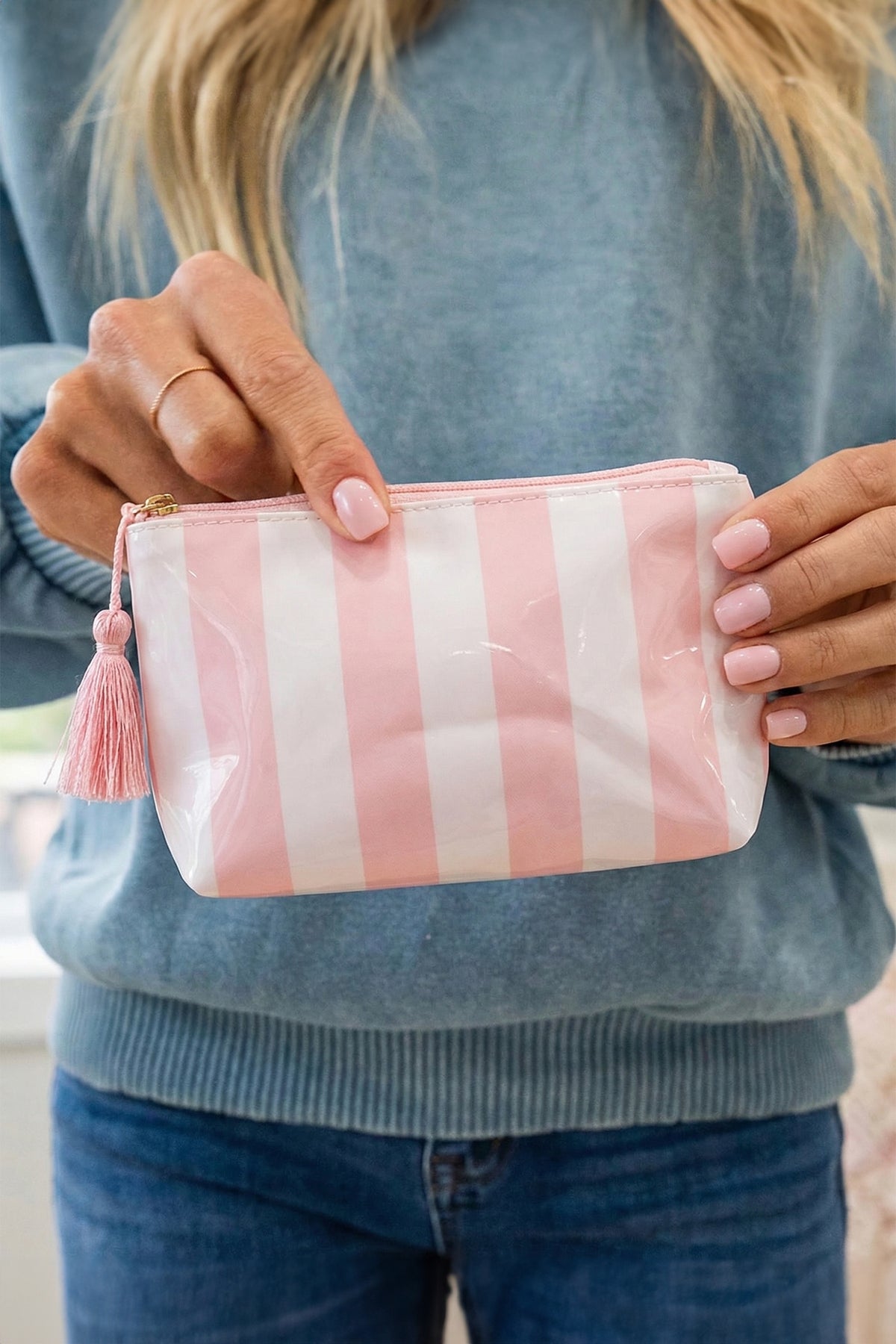 Navy Blue Striped Vinyl Waterproof Tassel Zipper Makeup Bag