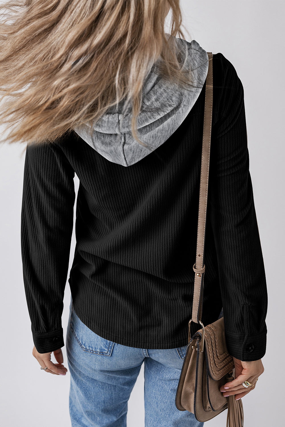 Pale Khaki Hooded Drawstring Pockets Corduroy Shacket