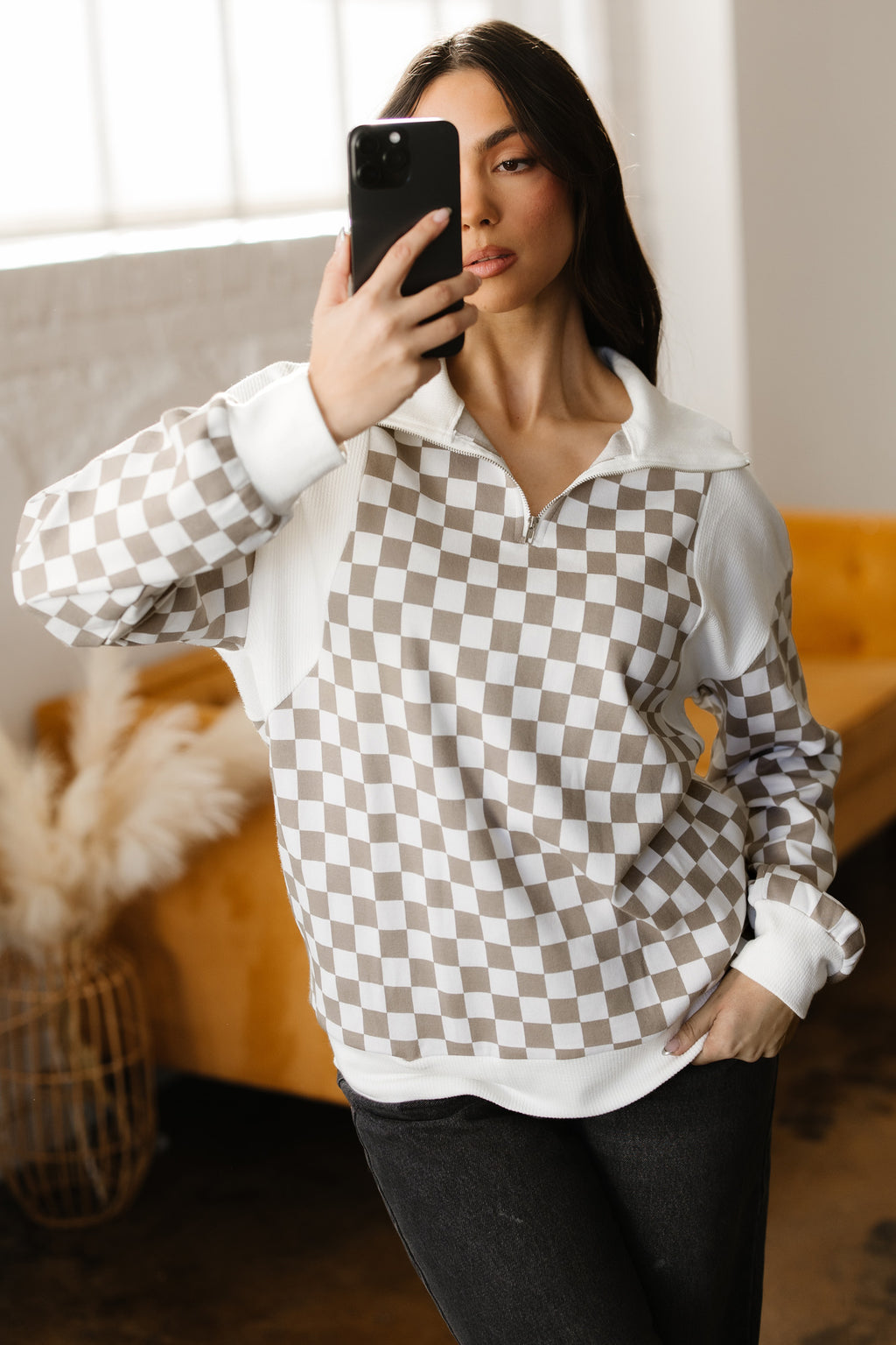Khaki Checkered Print Quarter Zip Ribbed Patchwork Loose Sweatshirt