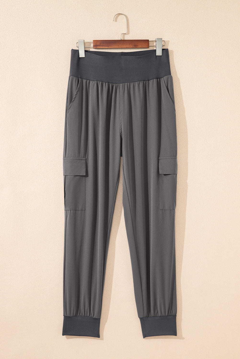 Black Elastic High Waist Pocketed Cargo Jogger Pants