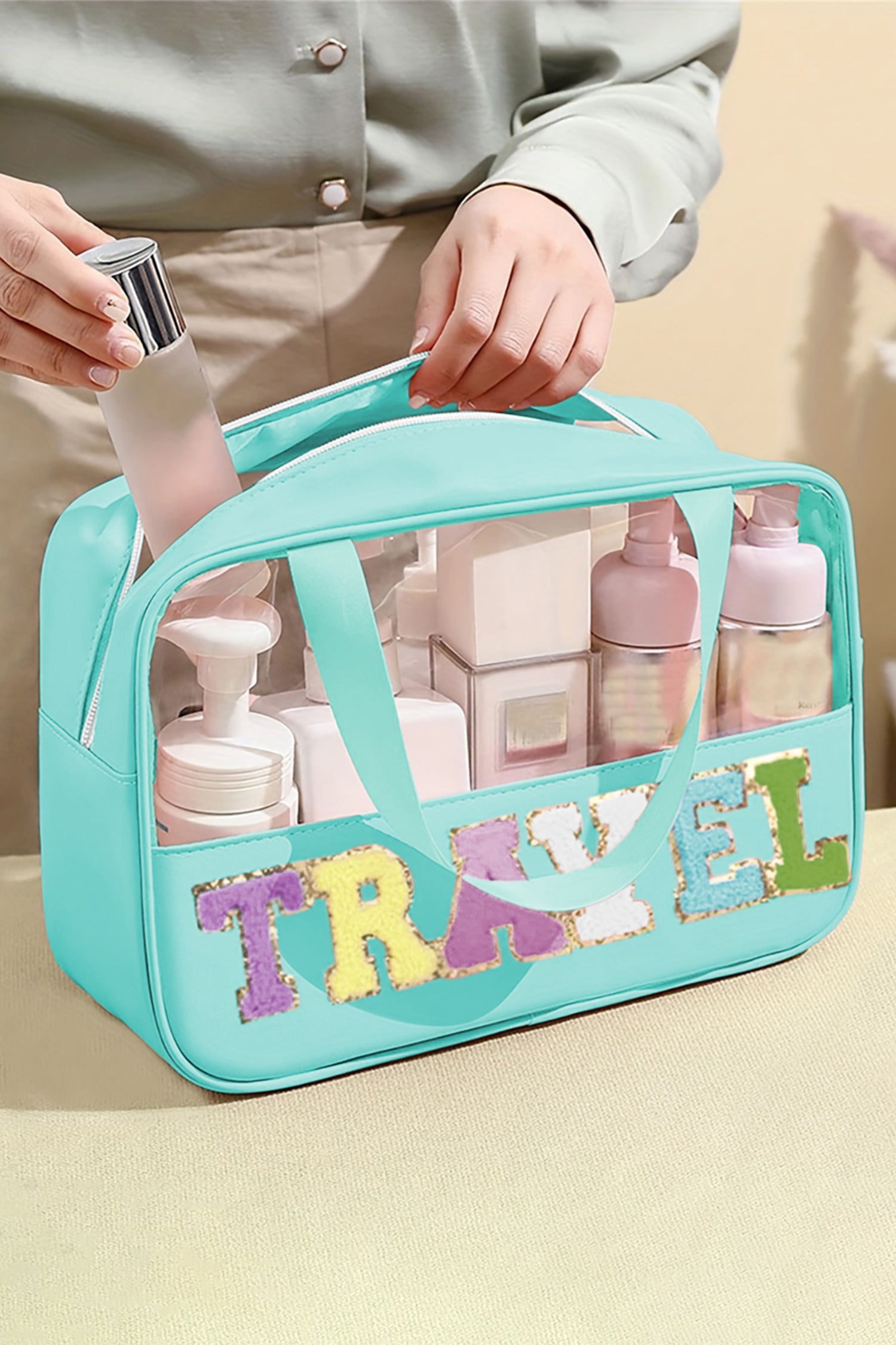 Black TRAVEL Chenille Letter Clear PVC Makeup Bag