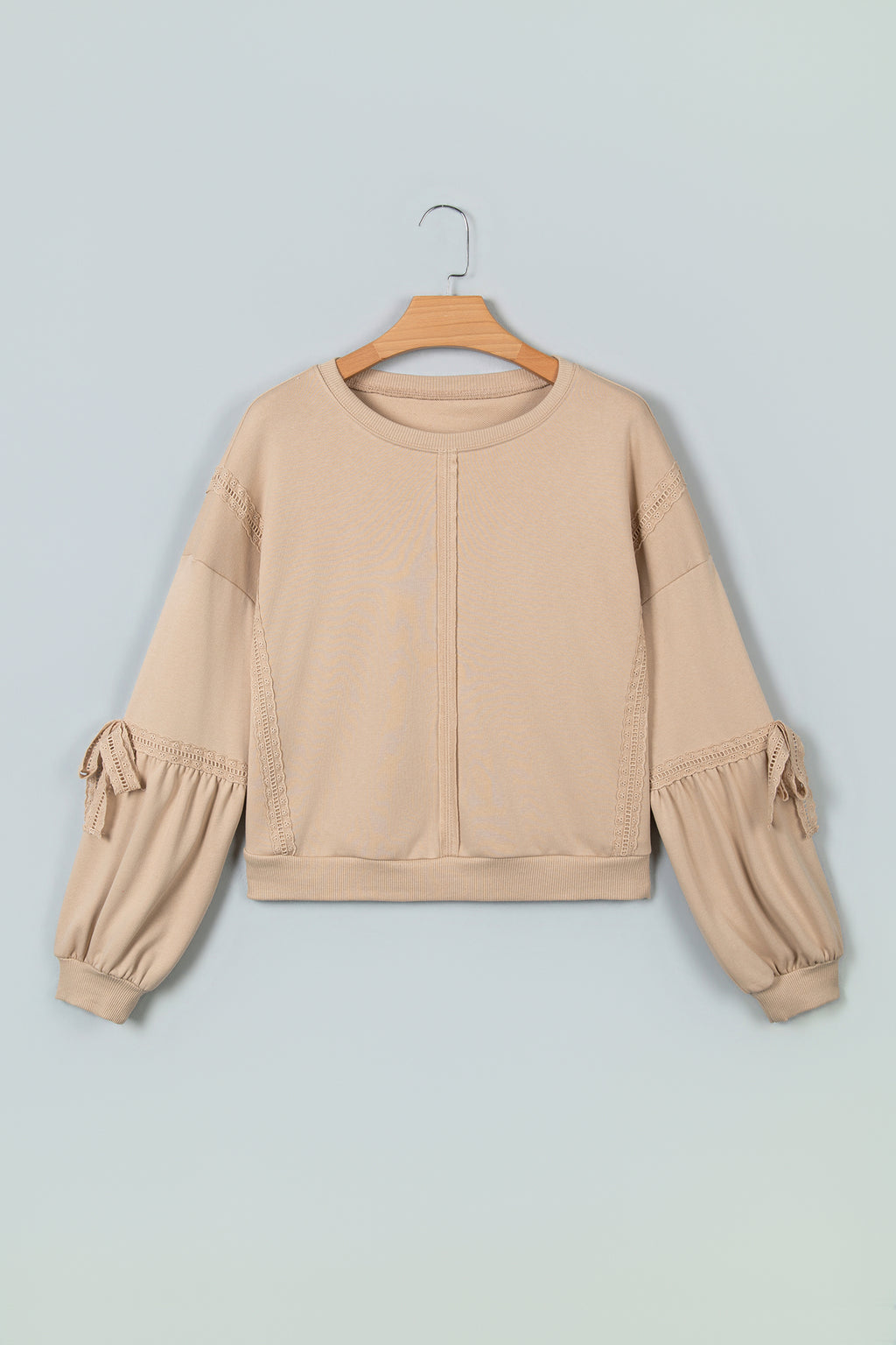 Parchment Solid Color Raw Seam Lace Detail Loose Casual Sweatshirt