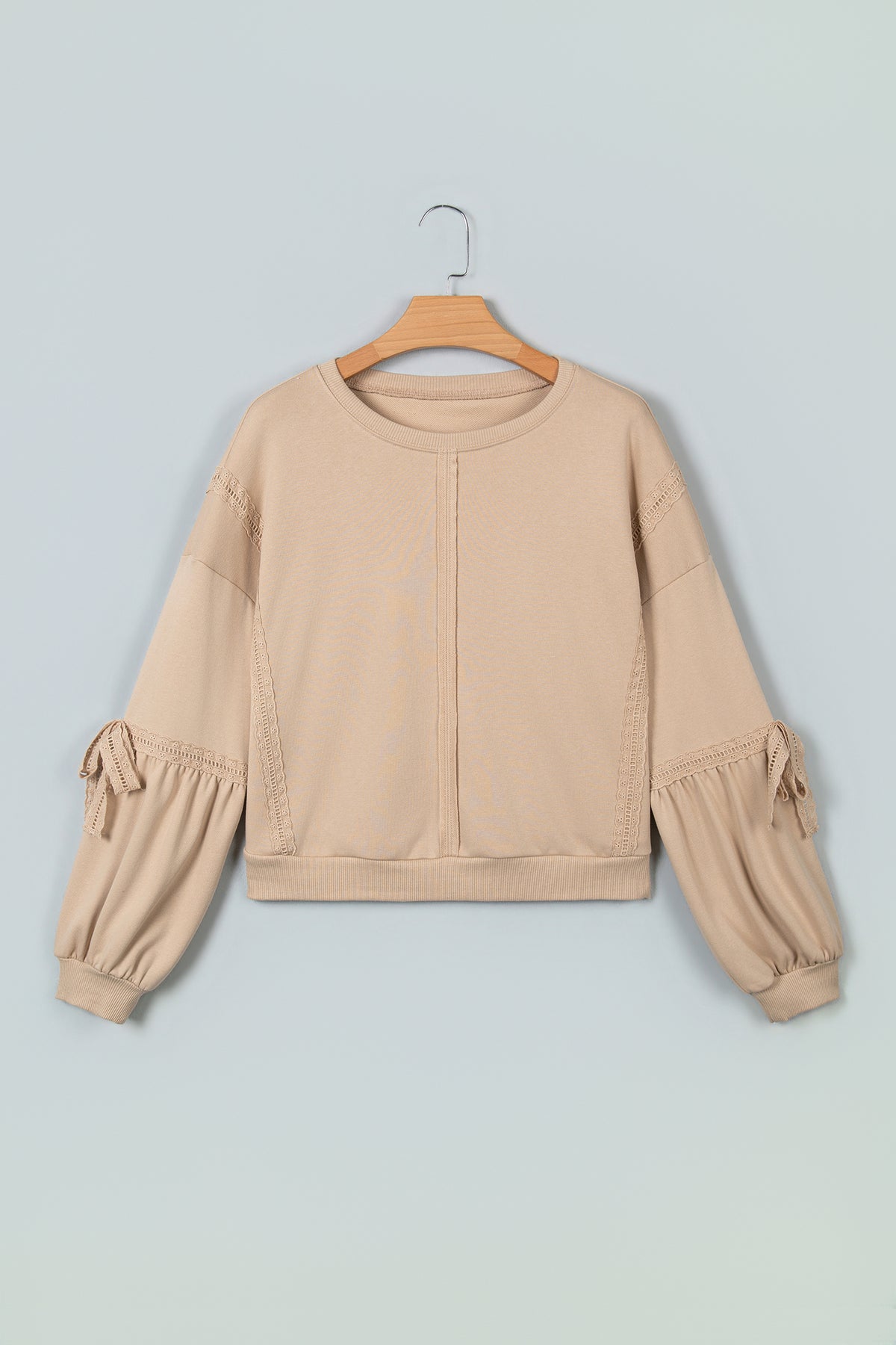 Parchment Solid Color Raw Seam Lace Detail Loose Casual Sweatshirt