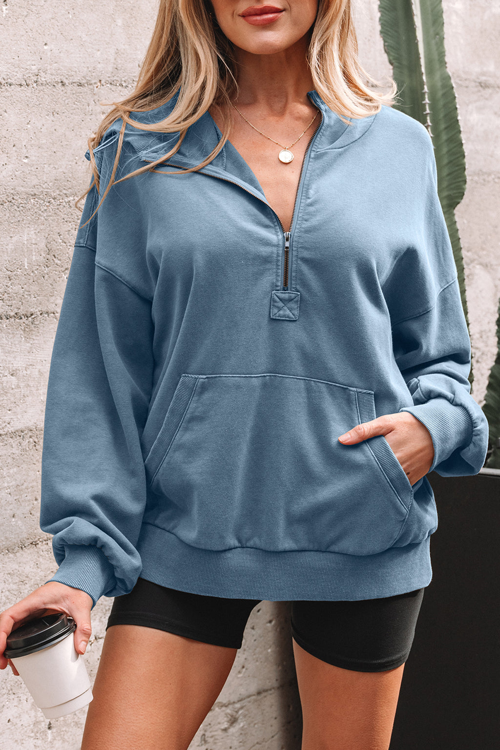 Wild Ginger Half Zip Kangaroo Pocket Mineral Wash Baggy Hoodie