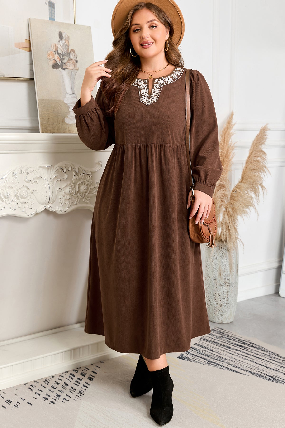 Coffee Embroidered Notched Neckline Textured Pleated High Waist Plus Size Midi Dress