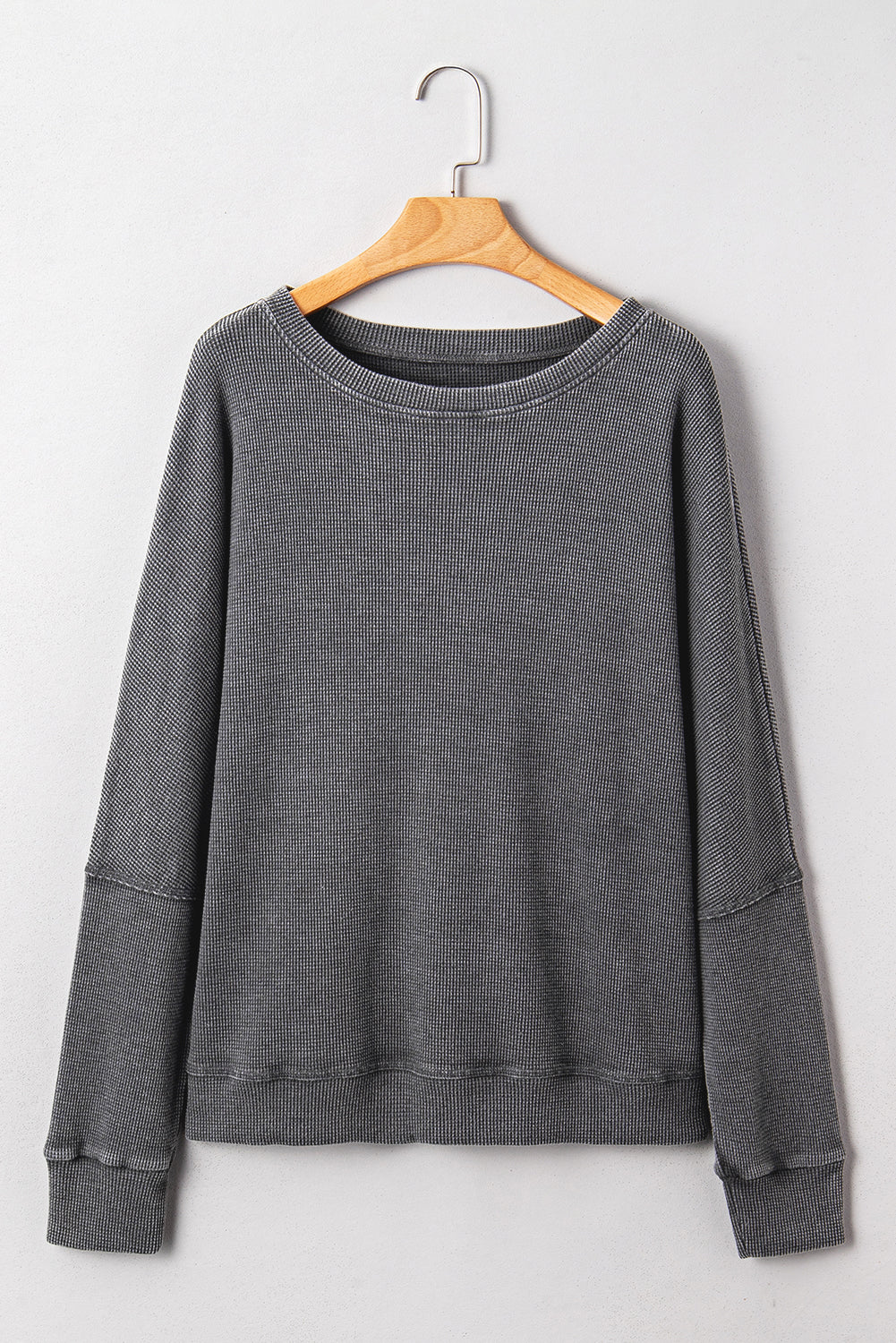 Dark Brown Waffle Knit Patchwork Long Sleeve Loose Top