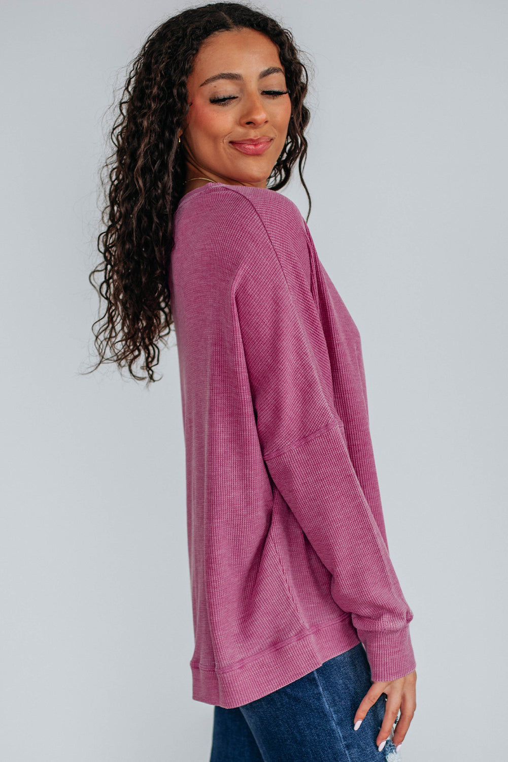 Dark Brown Waffle Knit Patchwork Long Sleeve Loose Top