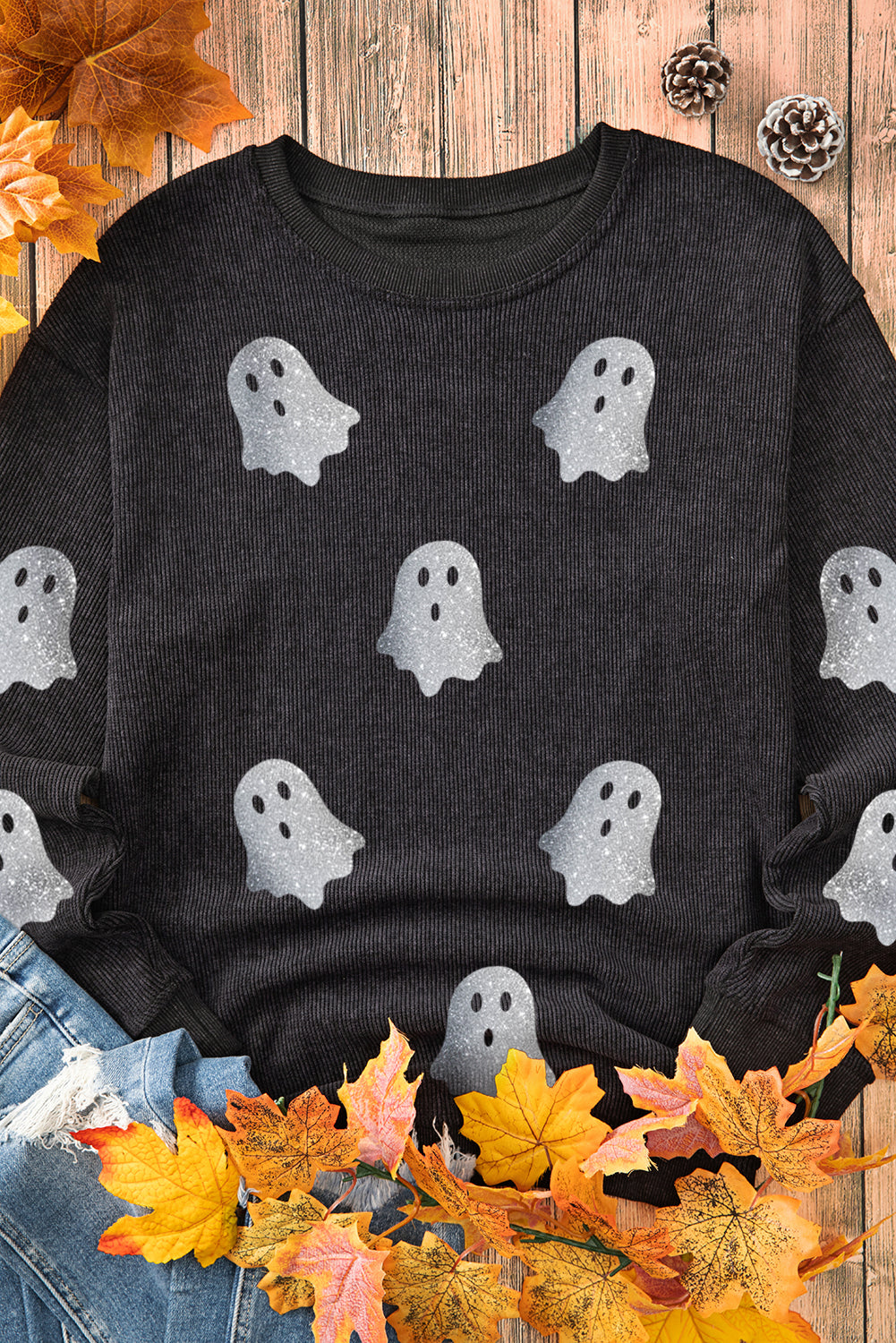 Black Halloween Ghost Corded Crew Neck Loose Sweatshirt