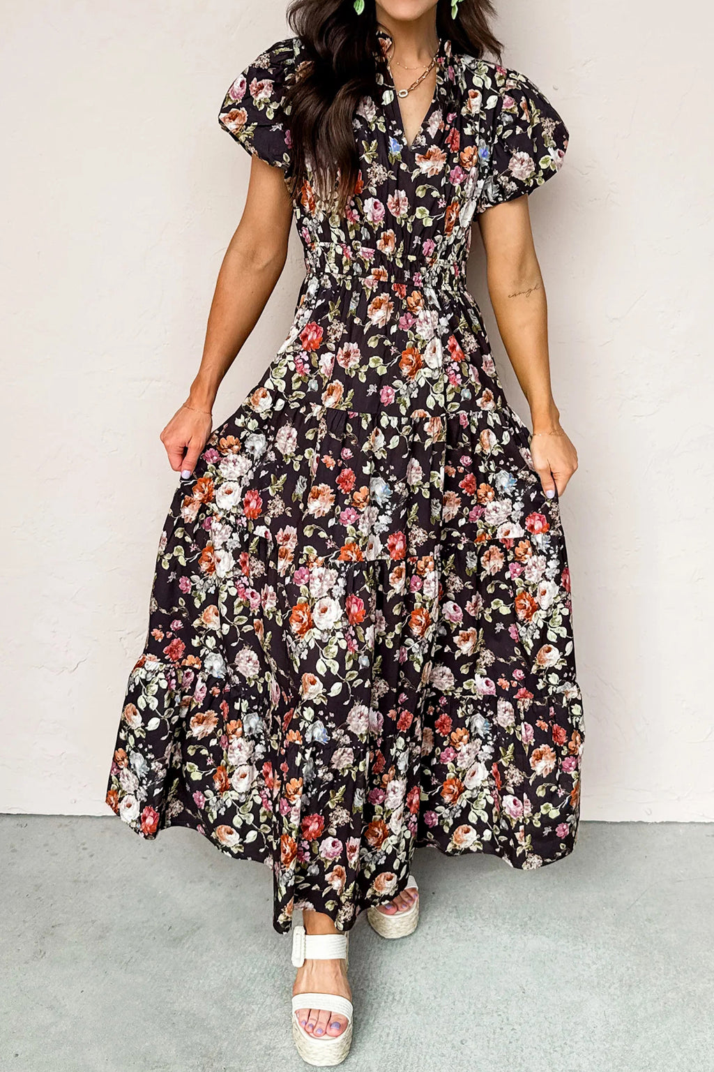 Black Floral Print V Neck Pleated Tiered Maxi Dress