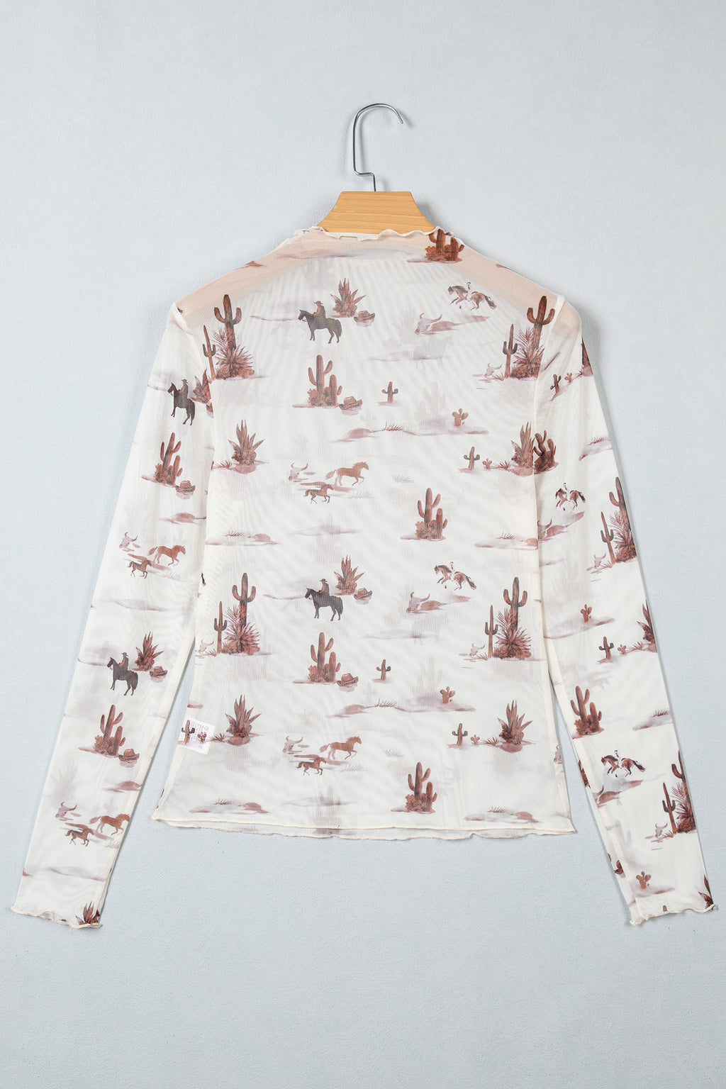 Smoke Gray Floral Print Slim Fit Mesh Long Sleeve Mock Neck Top