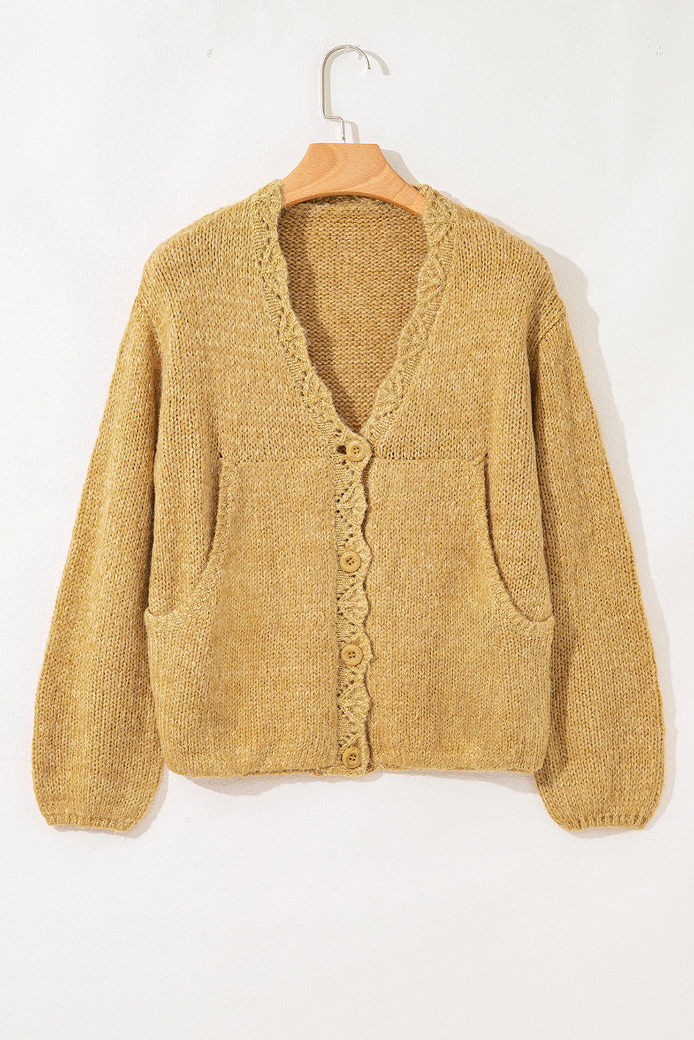 Light French Beige Lantern Sleeve Scallop V Neck Buttoned Front Cardigan
