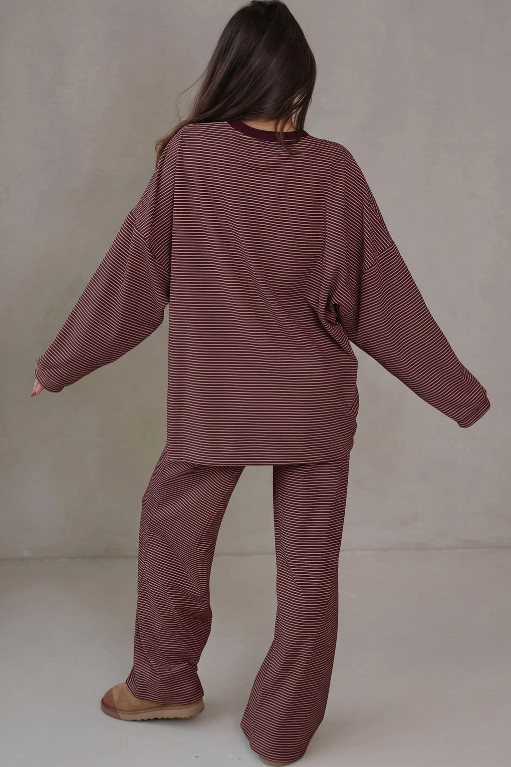 Blue Stripe Contrast Trim Round Neck Oversize Long Sleeve Top 2pcs Pant Set