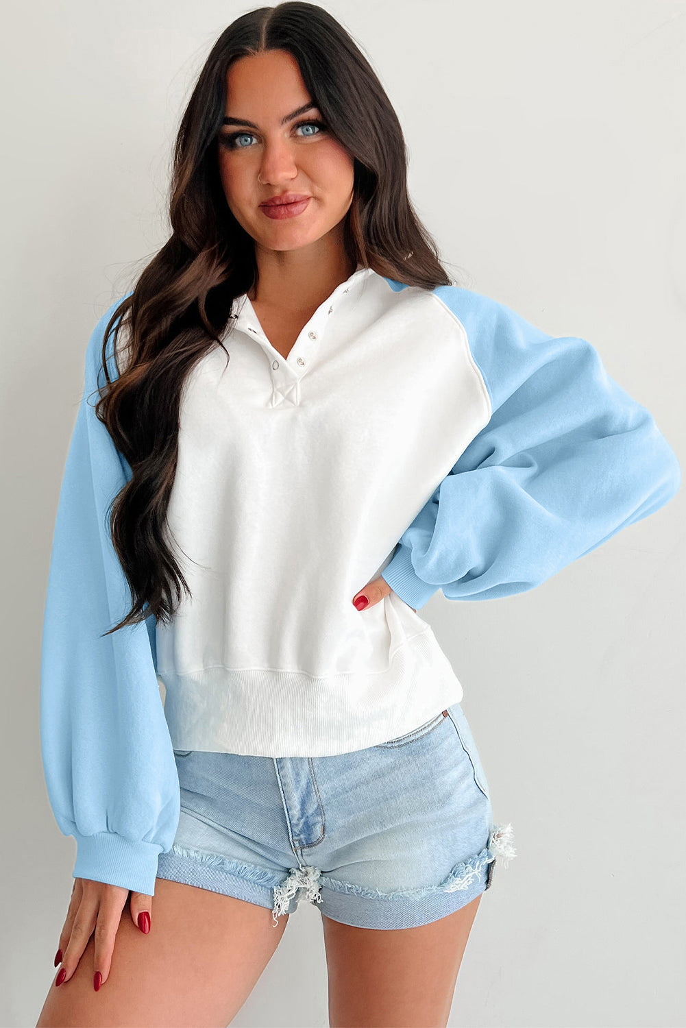 Beau Blue Colorblock Snap Buttons Pullover Sweatshirt