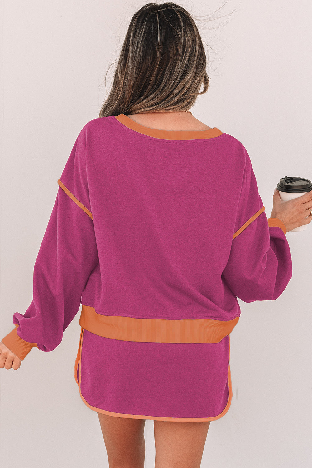 Coffee Color Contrast Loose Pullover and Lace-up Waist Skort Set