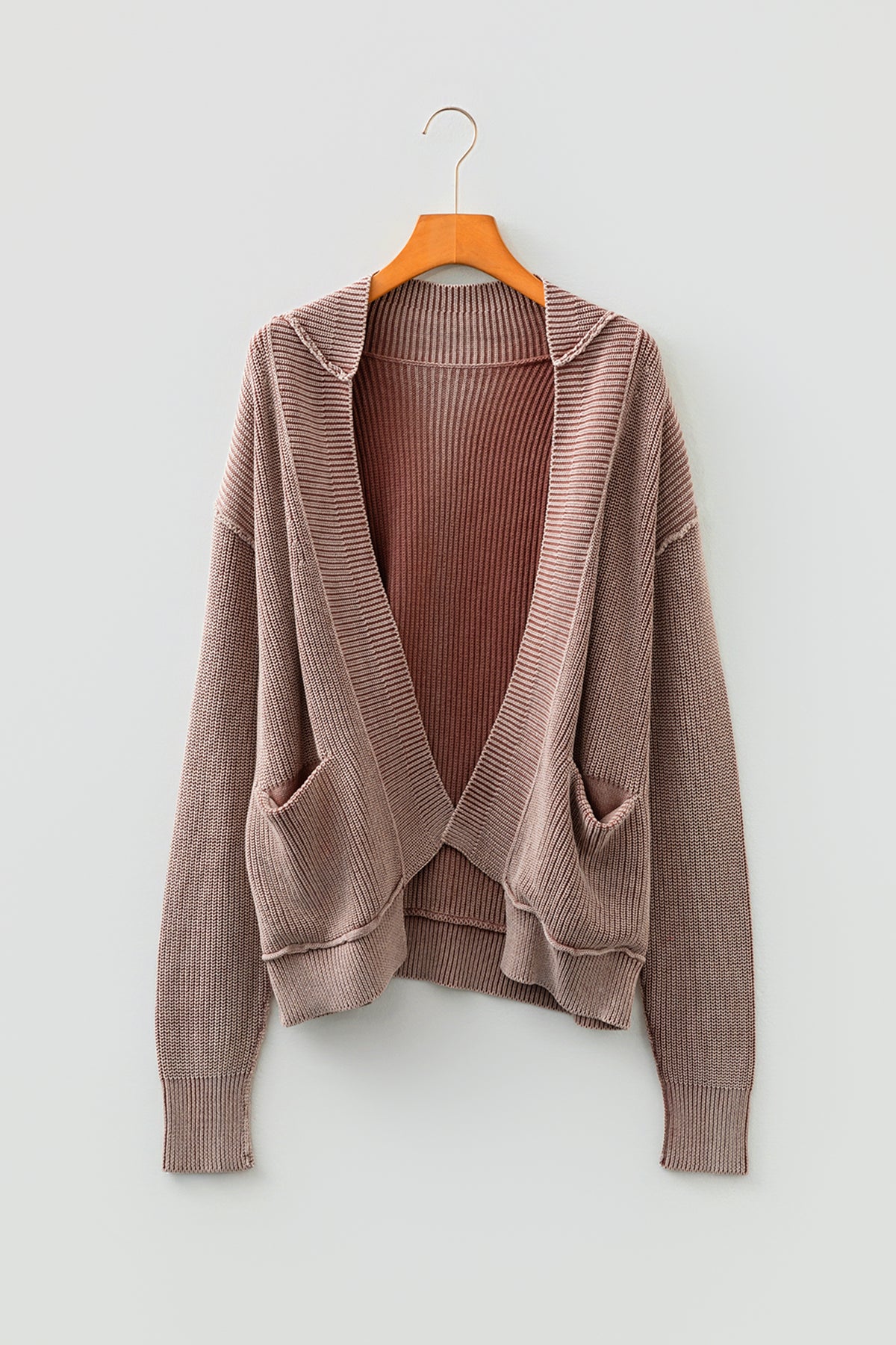 Dark Brown Mineral Wash Exposed Seam Patchwork Knit Open Sweater Cardigan