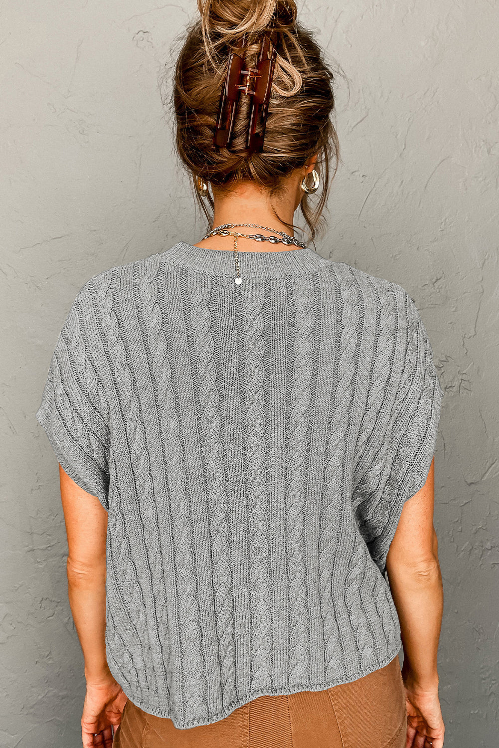 Light French Beige Crew Neck Cable Knit Short Sleeve Sweater