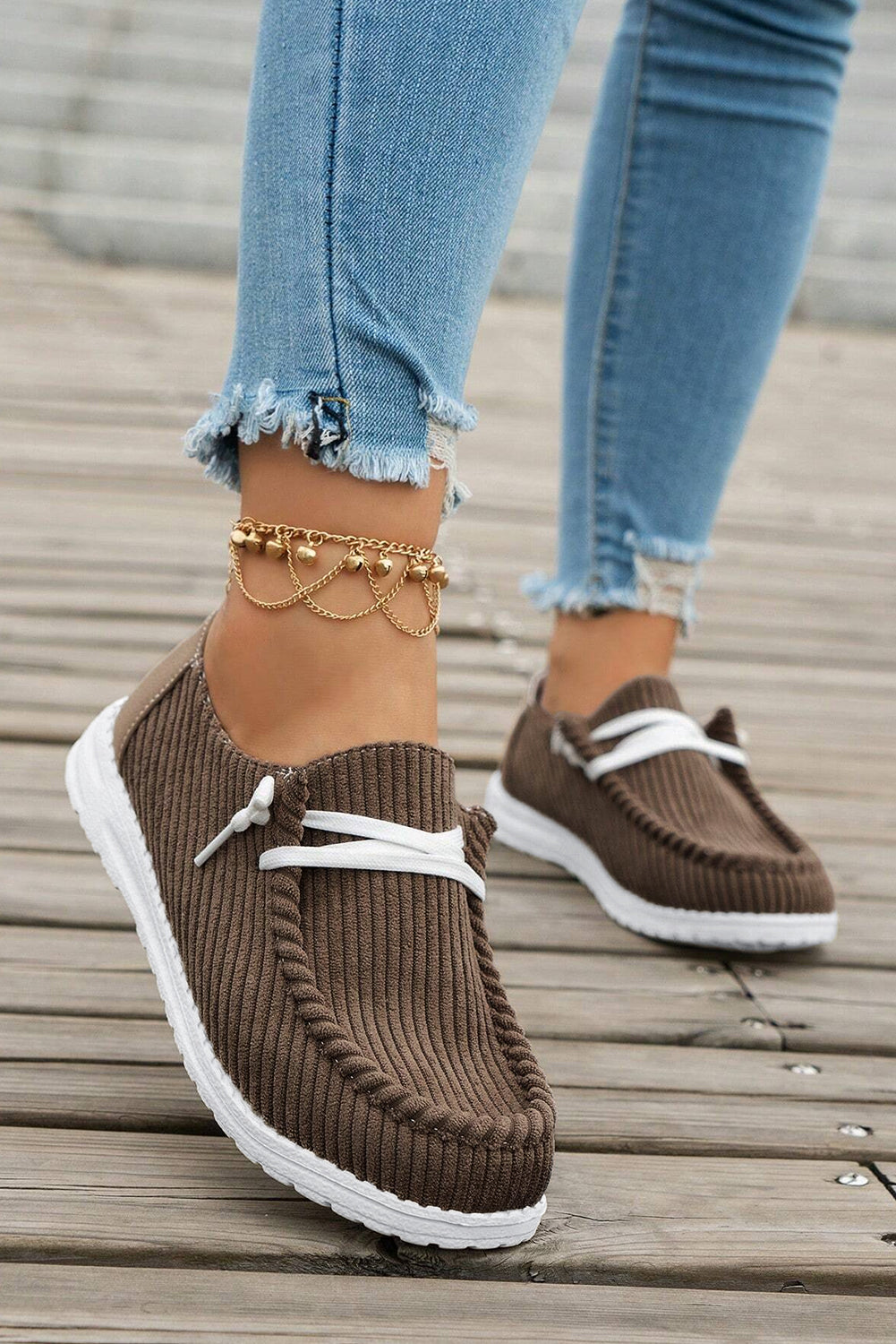 Coffee Solid Ribbed Criss Cross Slip On Casual Shoes