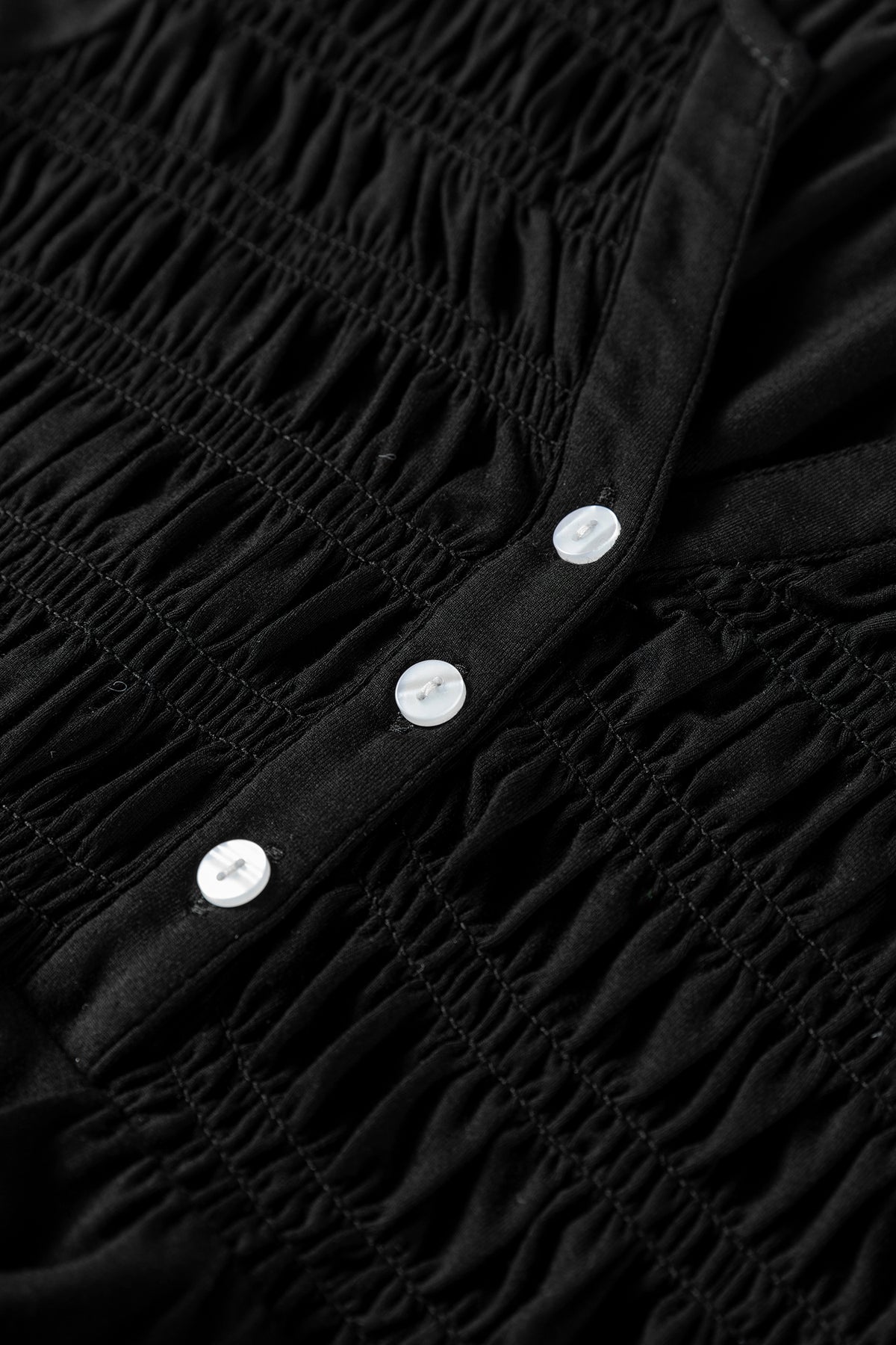 Black Smocked Bust Buttoned Split V Neck Flow Fit Blouse