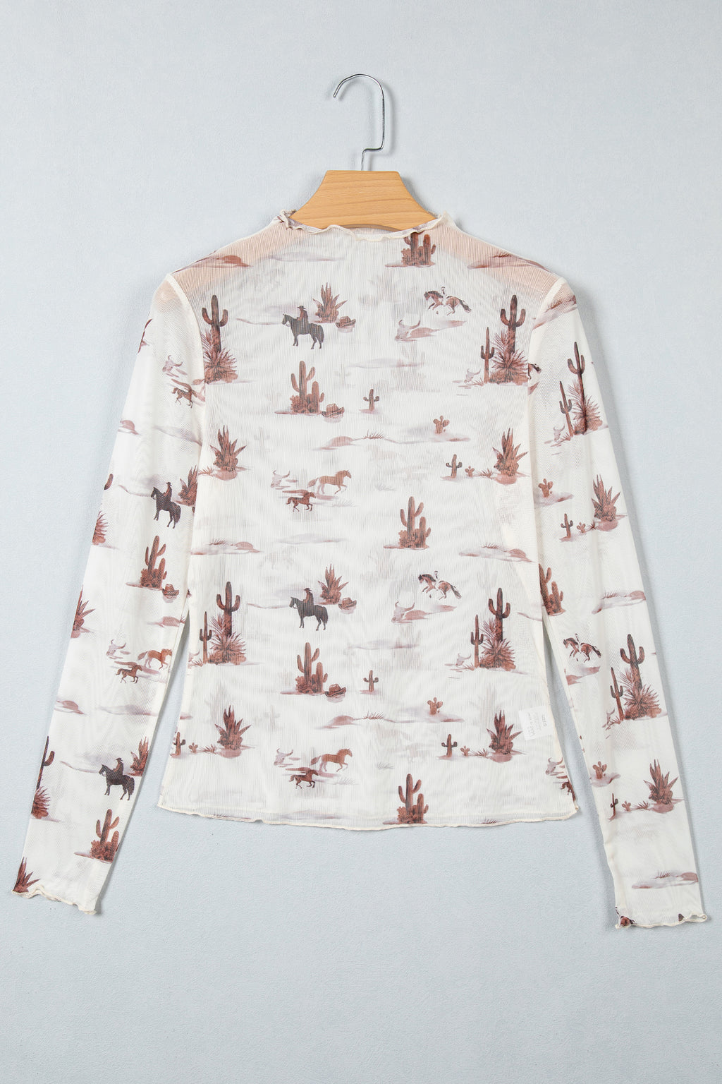 Smoke Gray Floral Print Slim Fit Mesh Long Sleeve Mock Neck Top