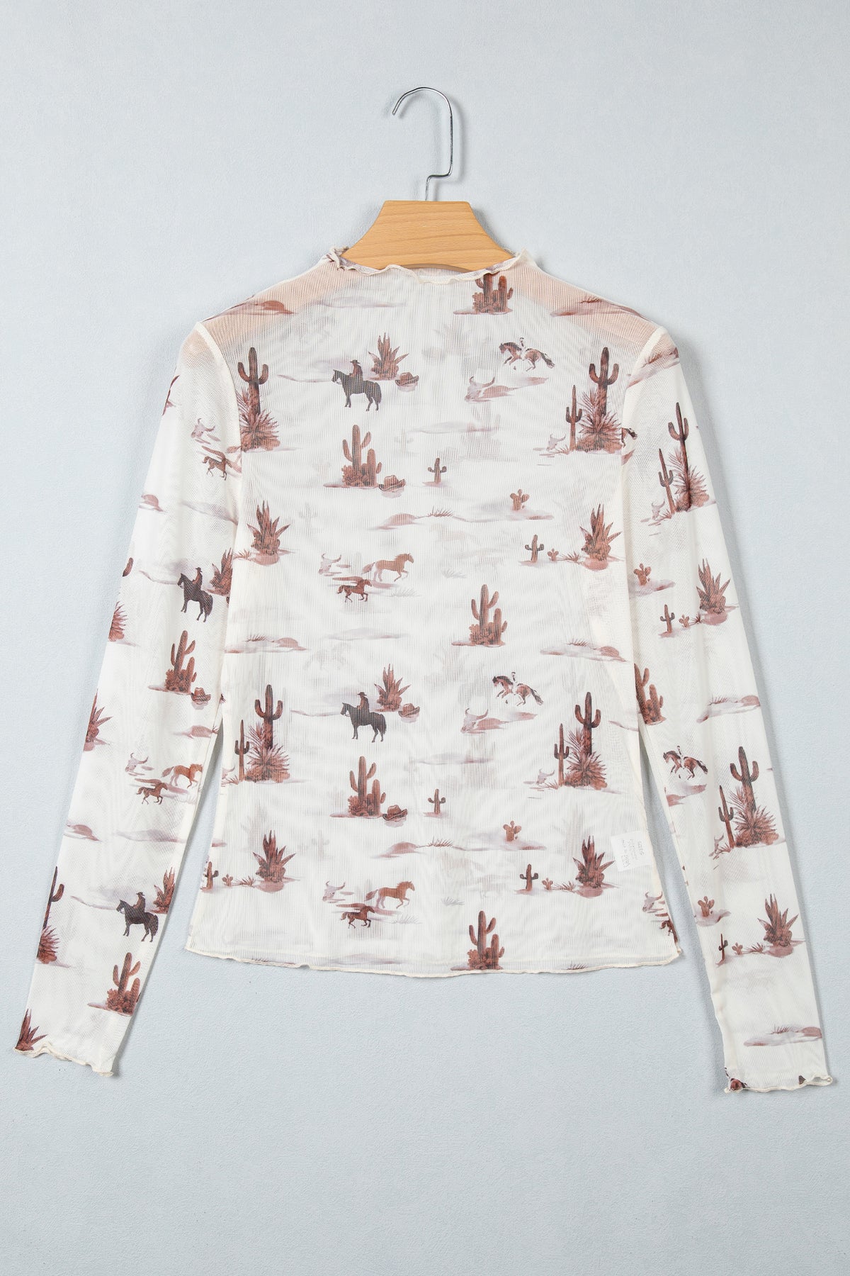 Smoke Gray Floral Print Slim Fit Mesh Long Sleeve Mock Neck Top