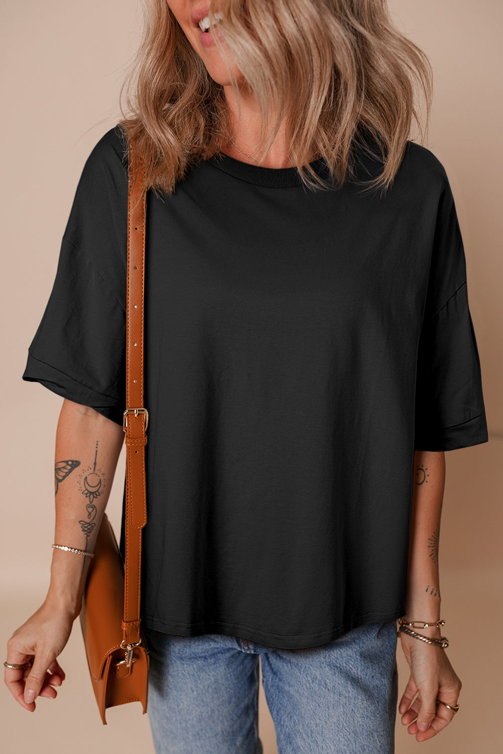 Black Loose Half Sleeve Hi Low Hem T Shirt