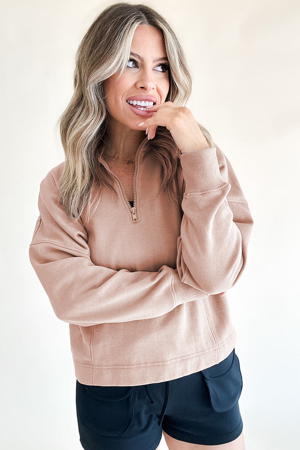 Jungle Green Zipped Neck Pullover Drop Shoulder Sweatshirt