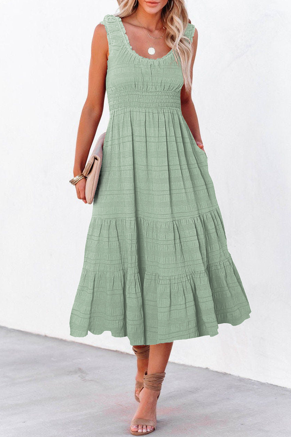 Green Shirred Pleated Square Neck Sleeveless Midi Dress