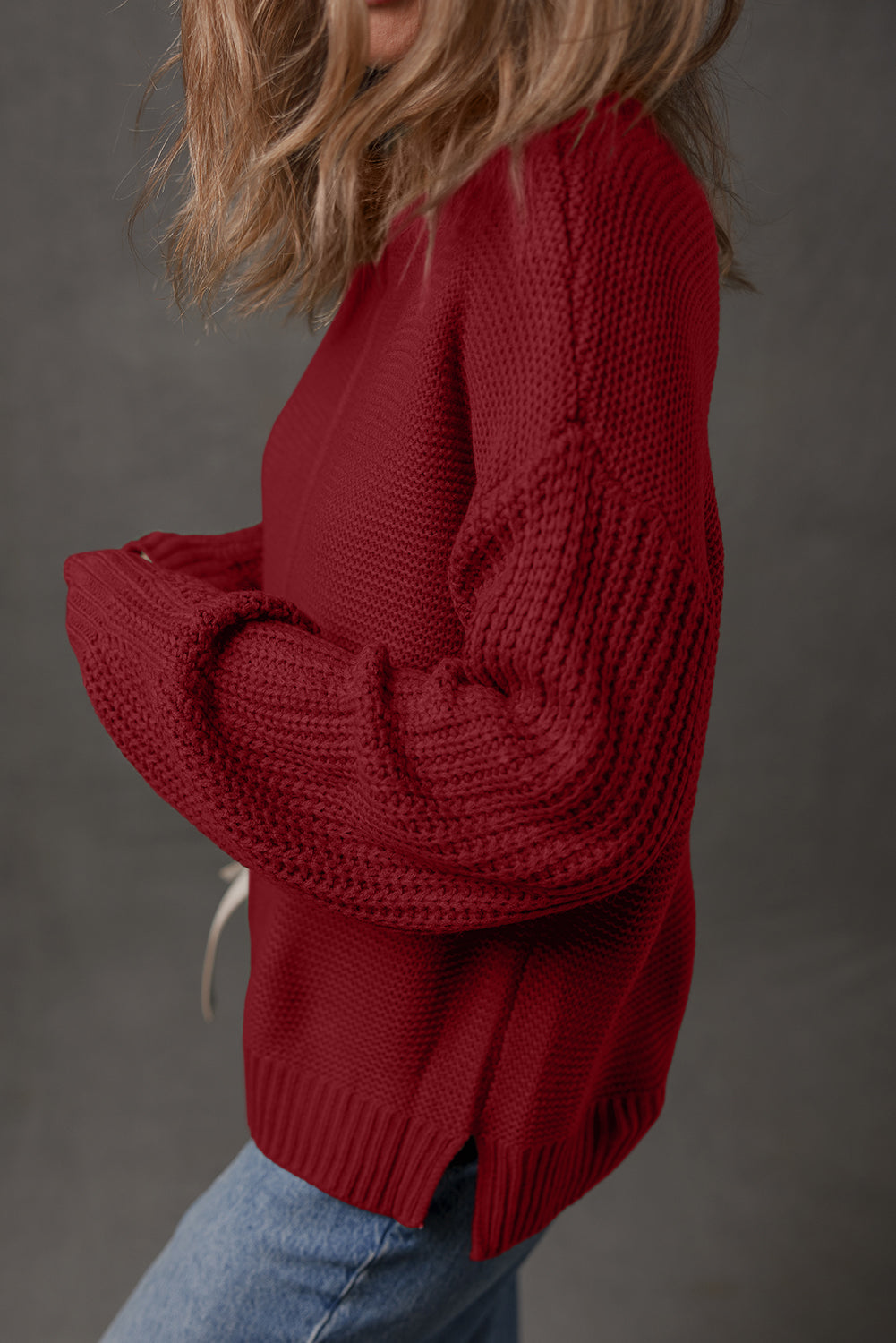 Dirty blue Solid Color Front Seam Drop Shoulder Loose Sweater
