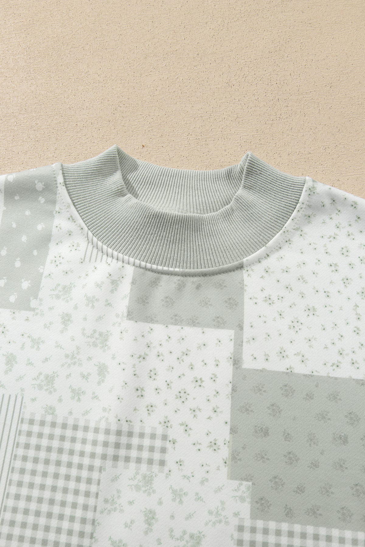 Khaki Patchwork Floral Print Mock Neck Long Sleeve Sweatshirt