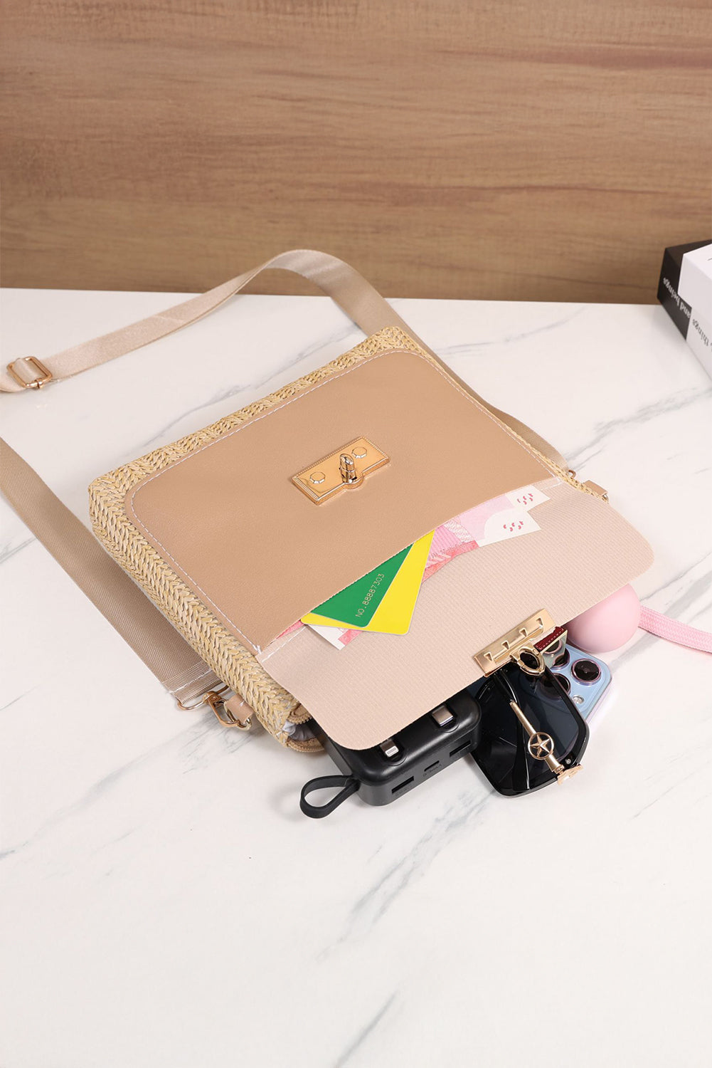 Thai Curry Leather Pocket Patchwork Straw Woven Shoulder Bag