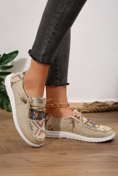Beige Geometric Lace-up Decor Slip On Shoes