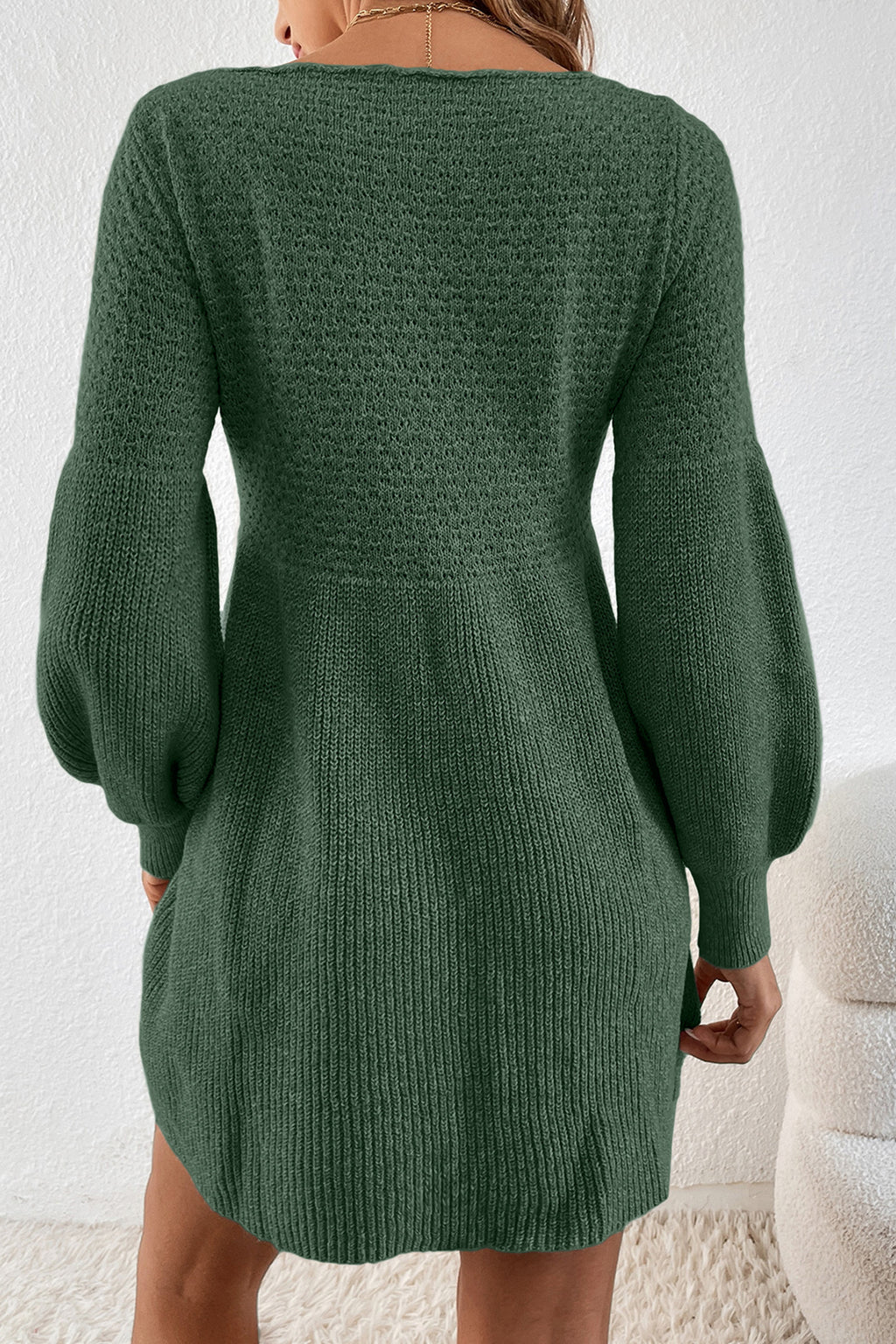 Mist Green Solid Lantern Sleeve Empire Waist Short Sweater Dress