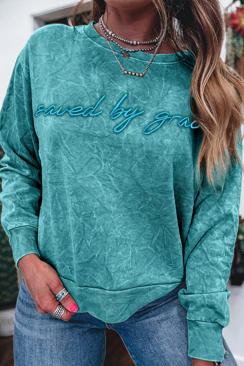 DUNE saved by grace Letter Embroidery Mineral Wash Loose Sweatshirt
