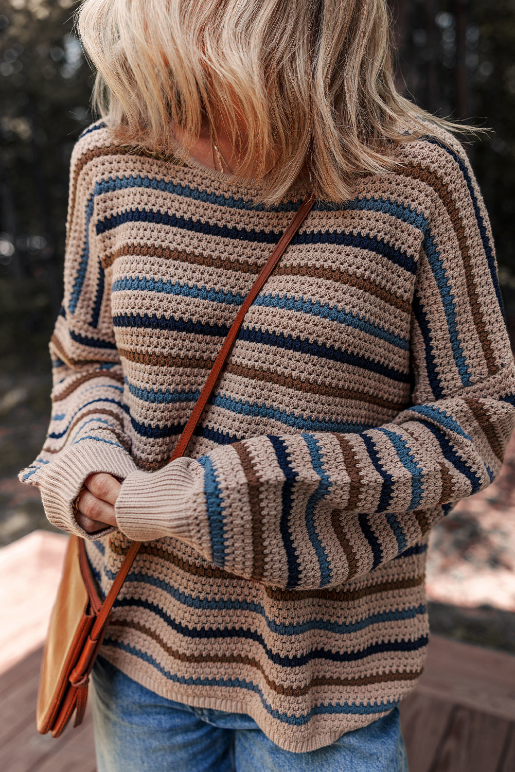 Multicolour Striped Knitted Drop Shoulder Round Neck Sweater