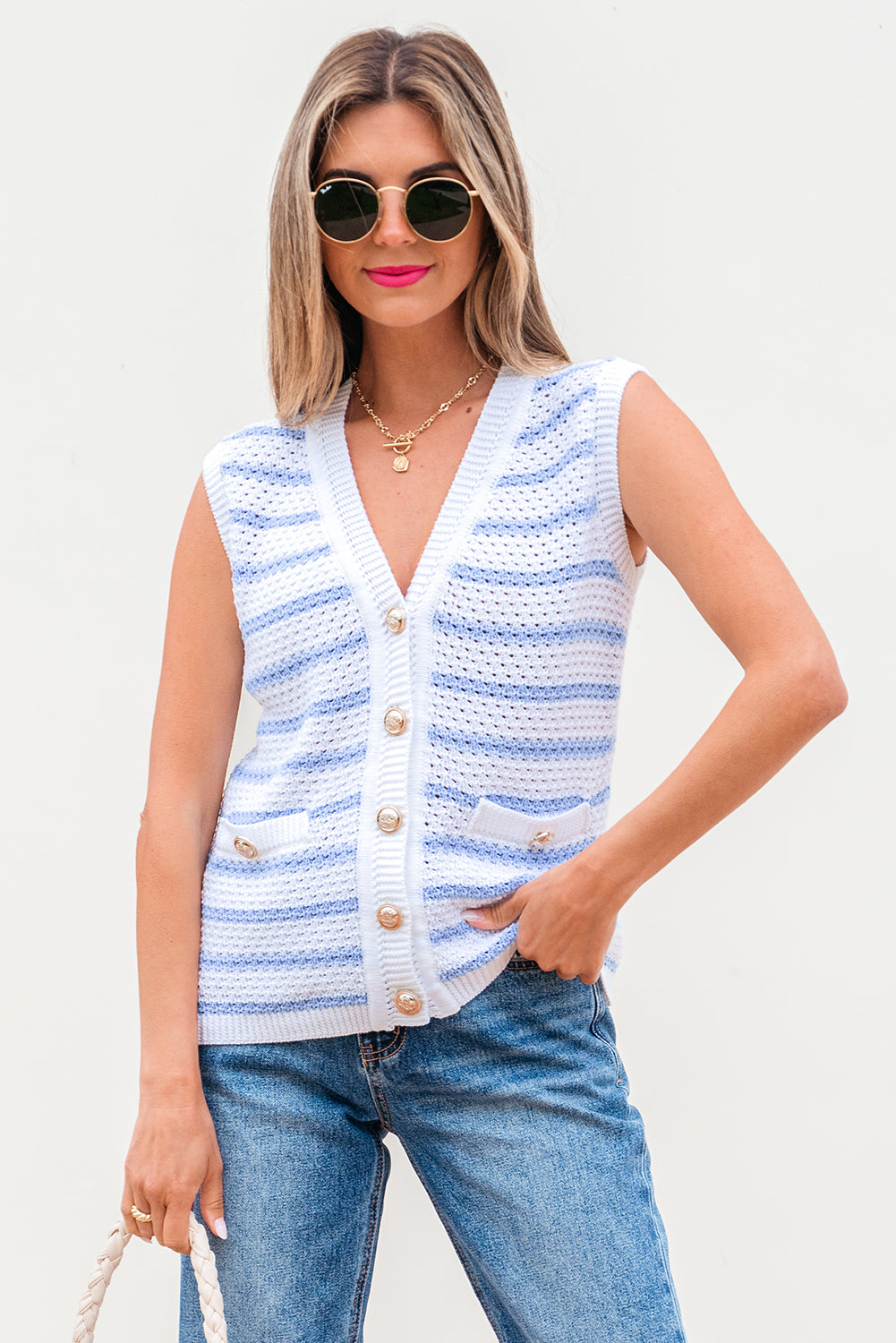 Black Stripe V Neck Gold Buttons Elegant Sweater Vest
