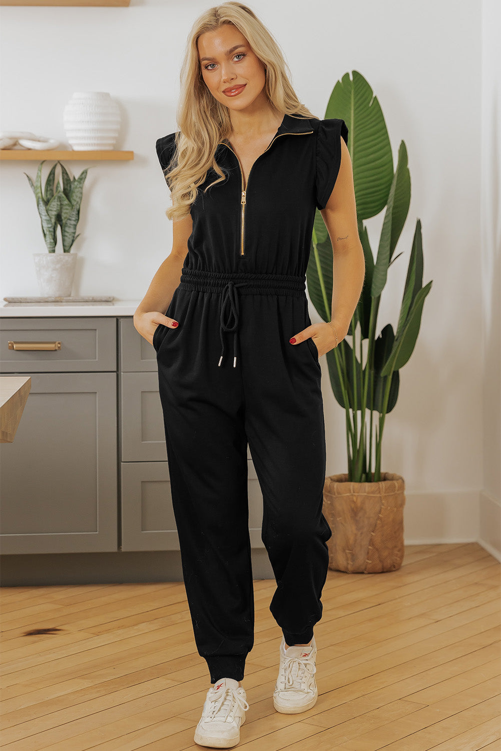 Black Zipper Flutter Sleeve Drawstring Elastic Waistband Jumpsuit