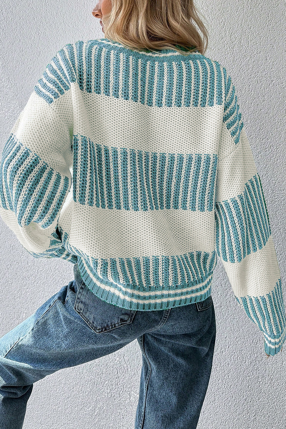 Brown Two Tone Striped Patchwork Drop Shoulder Loose Sweater