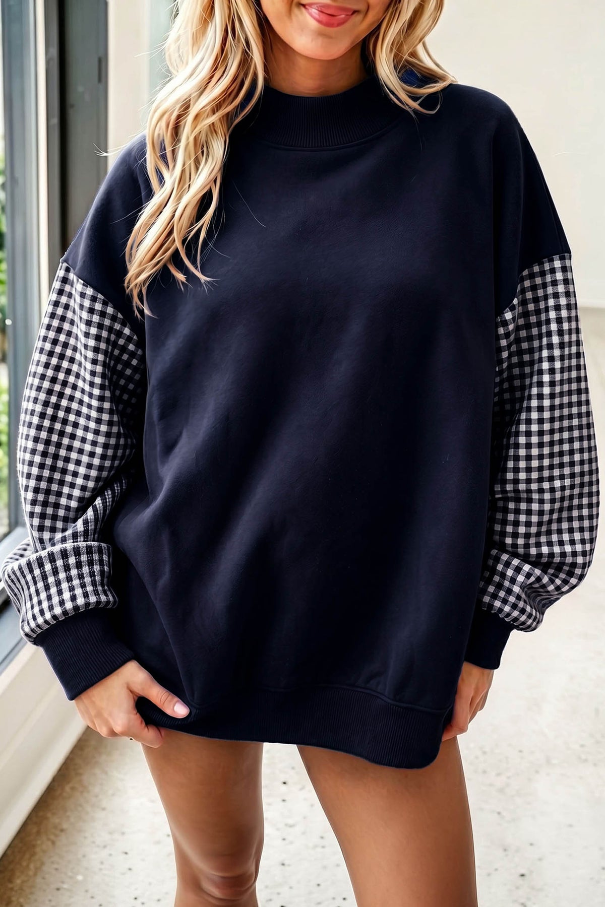 Evergreen Plaid Sleeve Colorblock Loose Tunic Sweatshirt