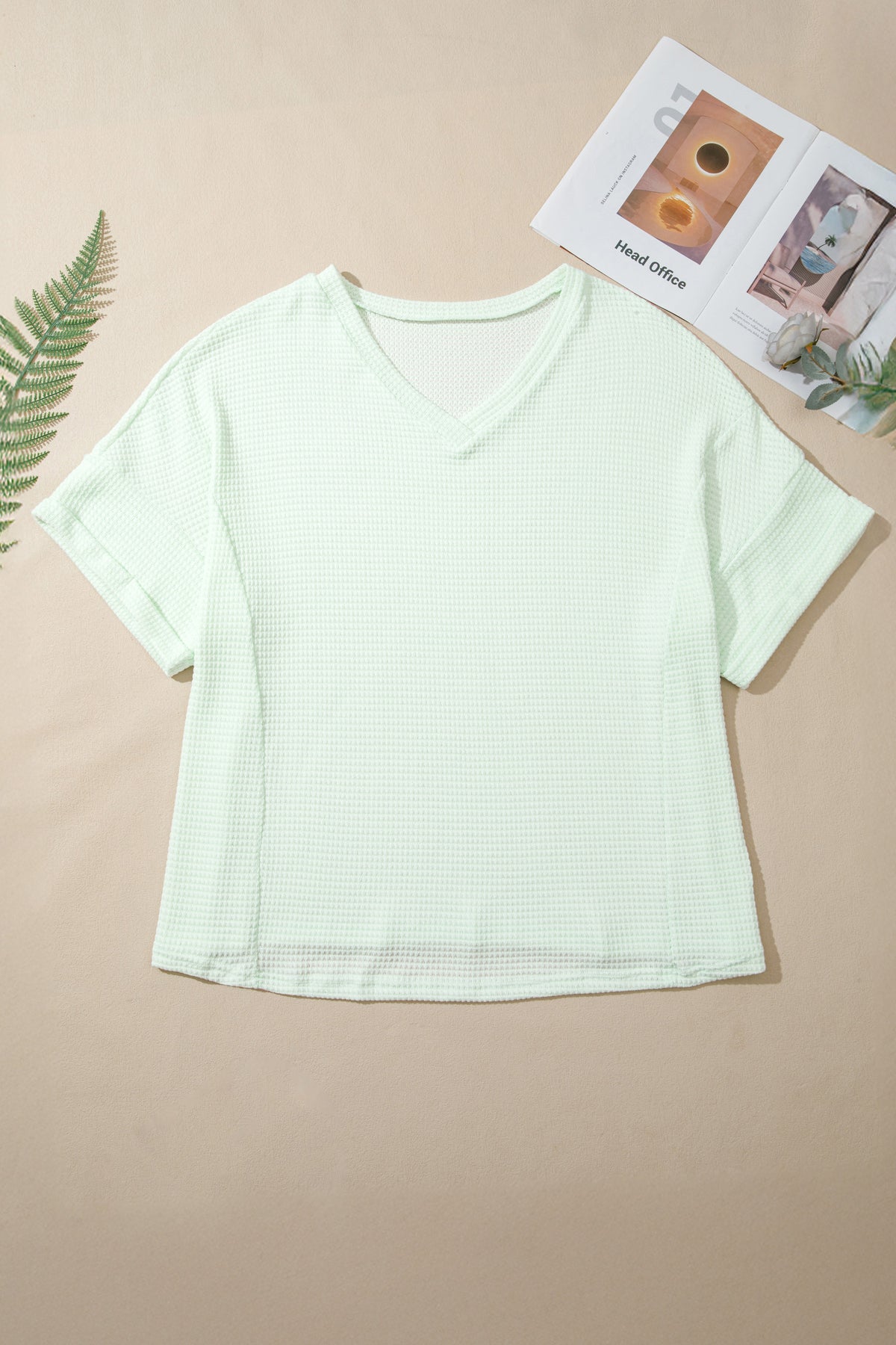 Clearly Aqua V Neck Short Sleeve Plus Size Waffle Knit Top