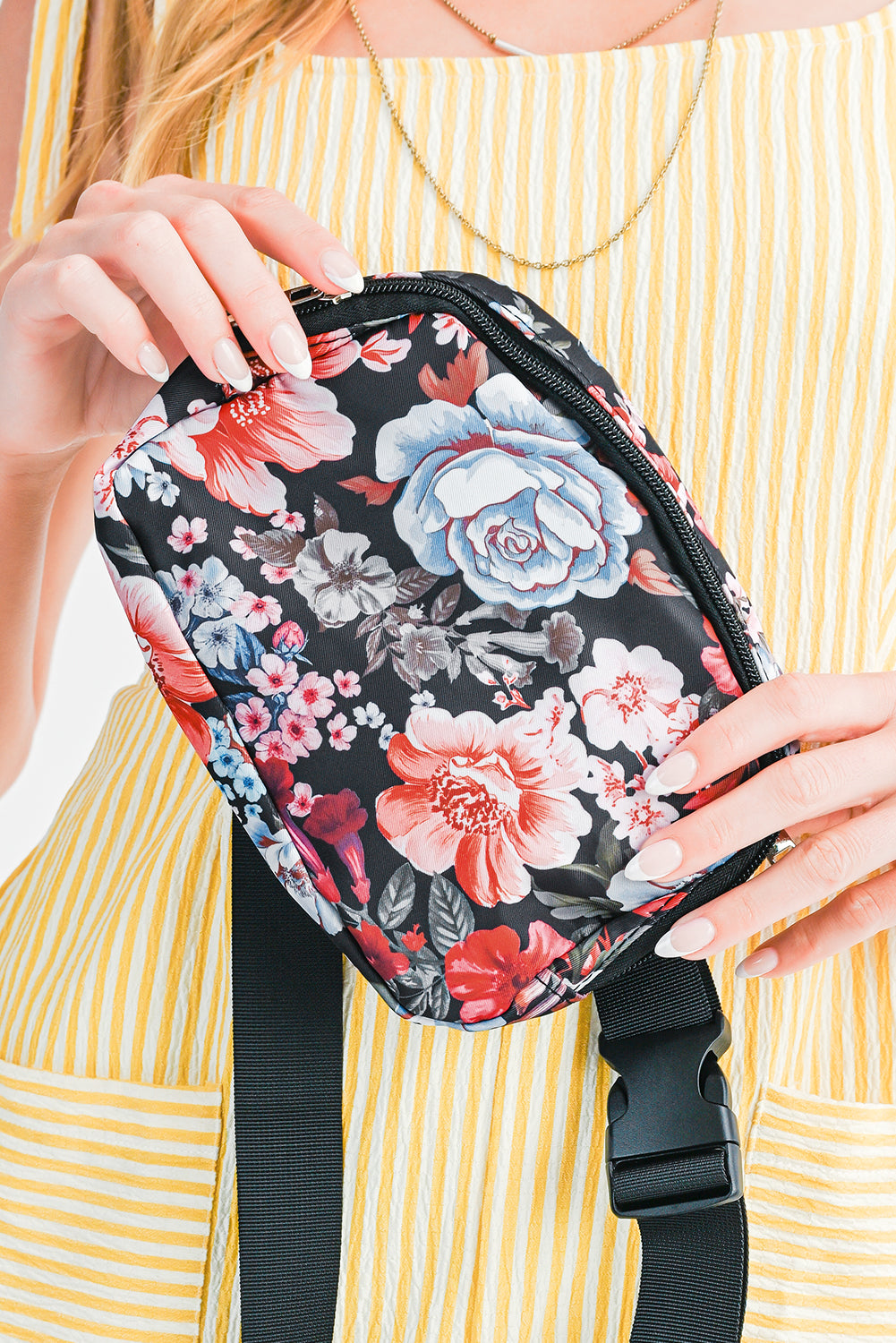 Black Floral Print Zipper Wide Strap Sling Bag