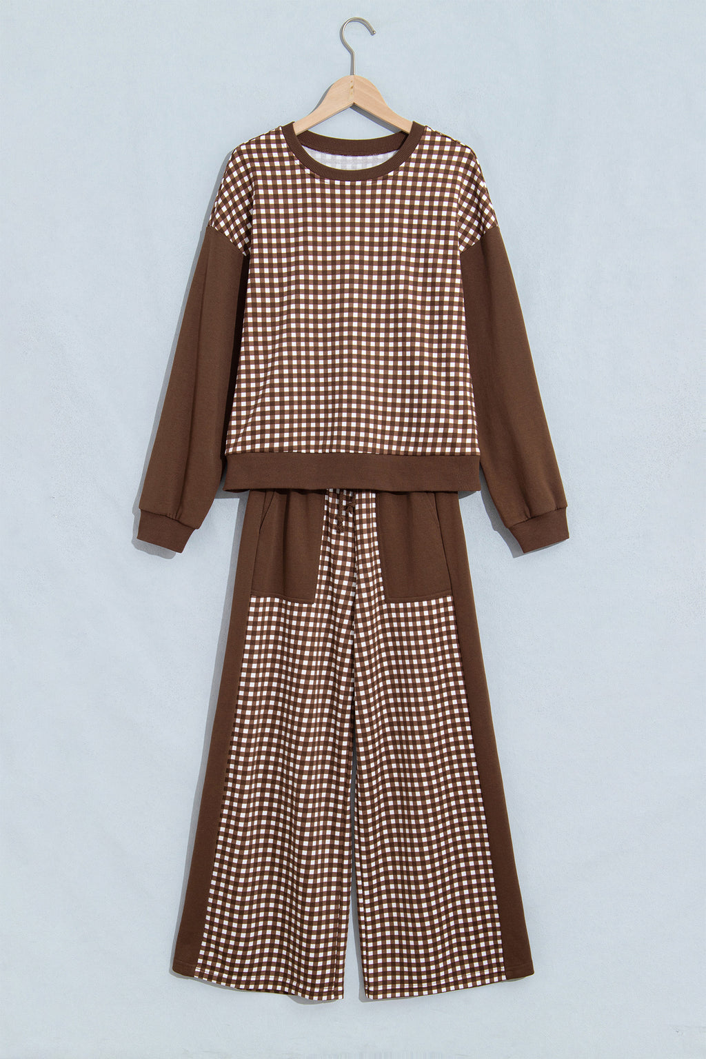 Brown Color Block Plaid Patchwork Long Sleeve Pullover Wide Leg Pant Set